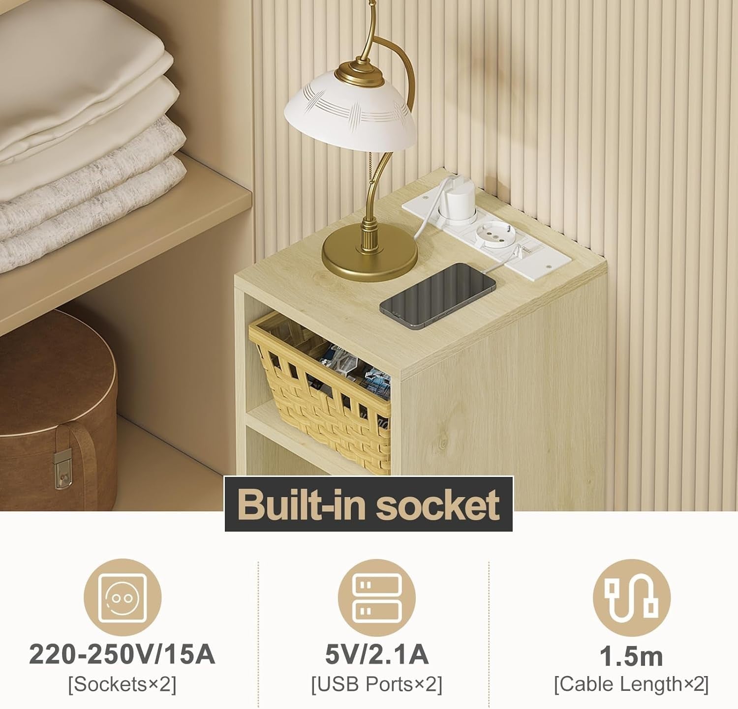 Set of 2 Bedside Tables with USB Ports & Power Sockets – Light Oak Nightstands