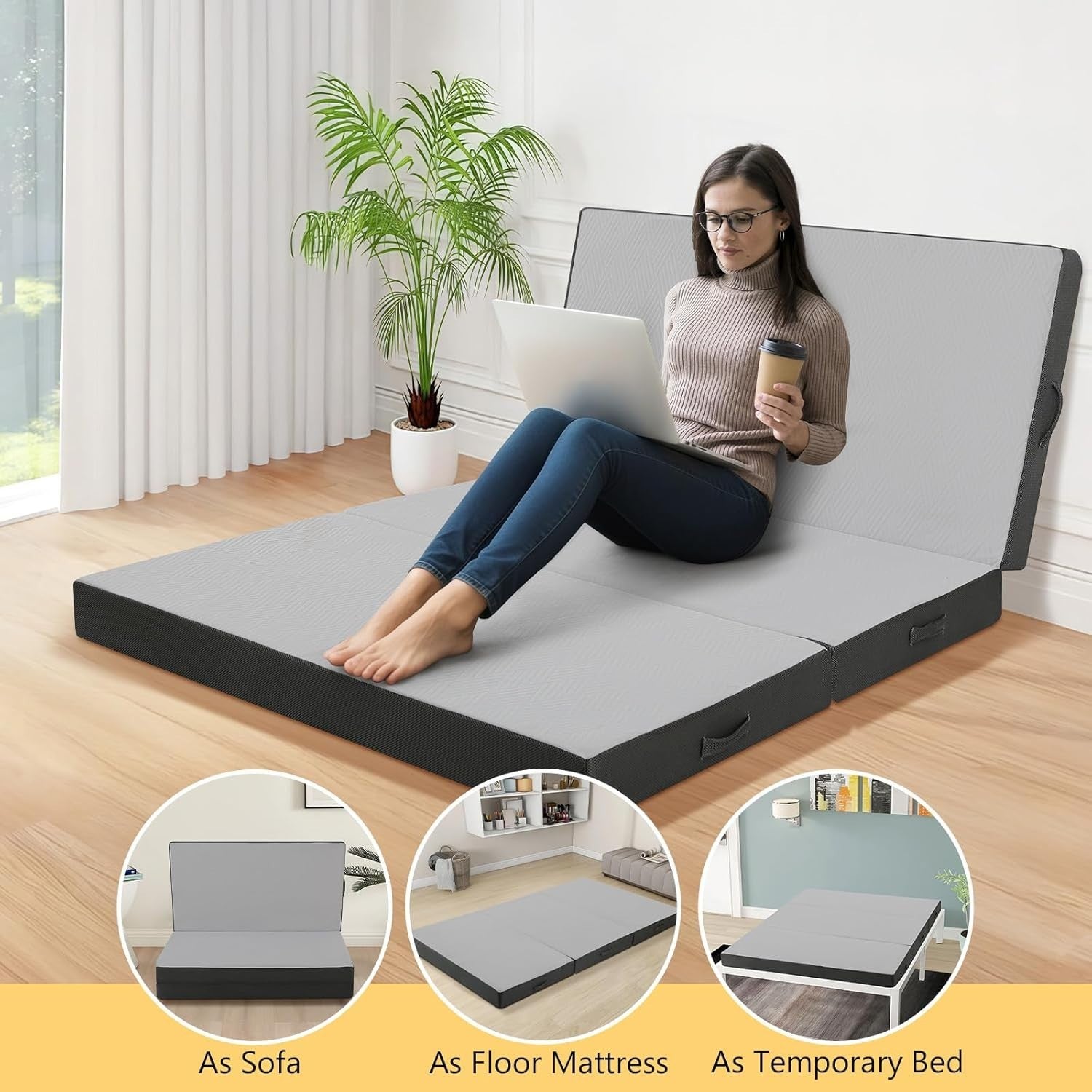 Double Tri Fold Foam Mattress 10cm Thick Guest Bed Camping Floor Mat