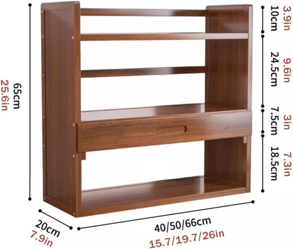 3-Tier Bamboo Desktop Hutch Bookshelf Organizer w/ Drawer 66cm