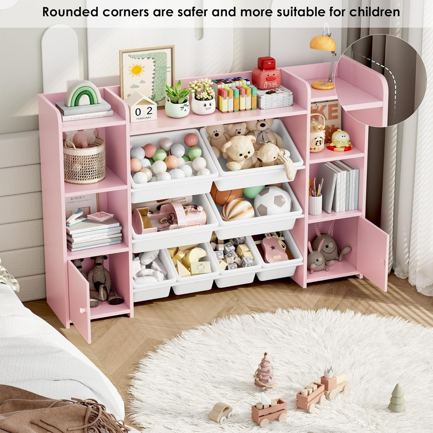 Kids Toy Storage Unit with 8 Boxes & Shelves – Pink Bookcase Organizer