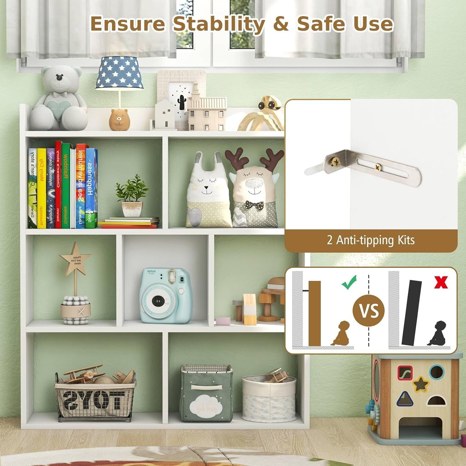 White 7-Cube Bookcase Freestanding Storage Display Shelf with Anti-Topple Kit