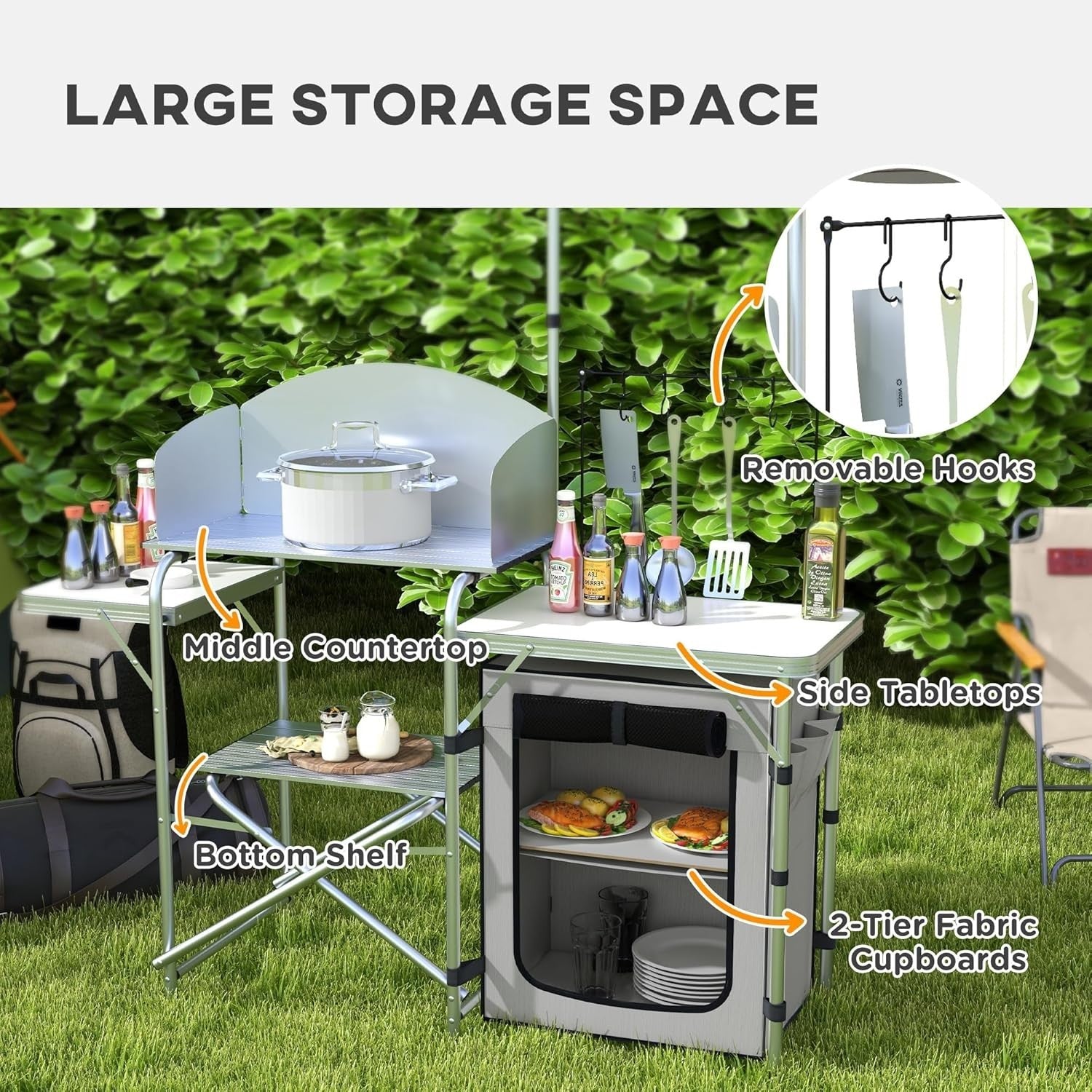Folding Camping Kitchen Table with Windshield Cupboard Sink BBQ Light