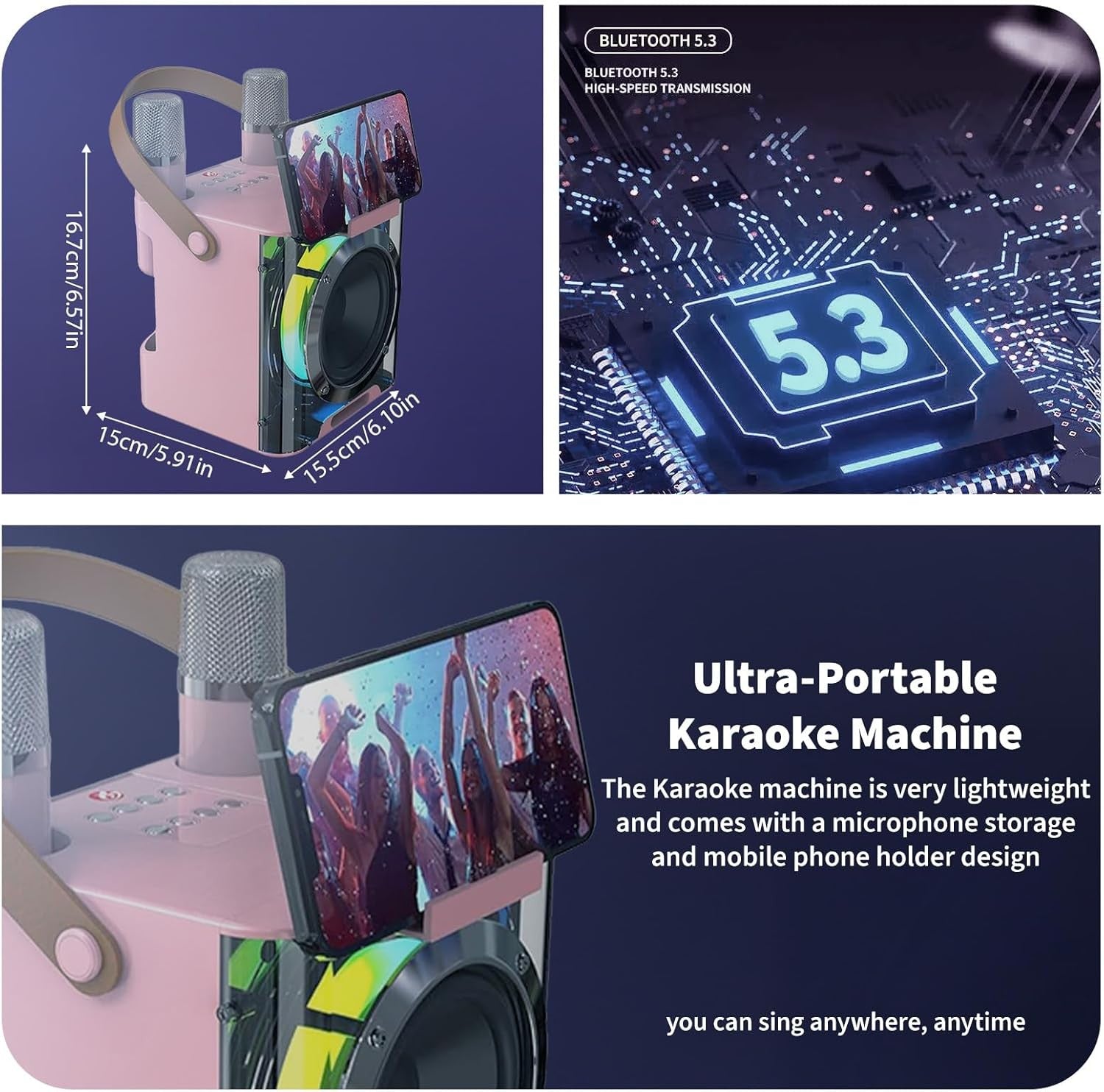 Portable Karaoke Machine 2 Wireless Mics LED