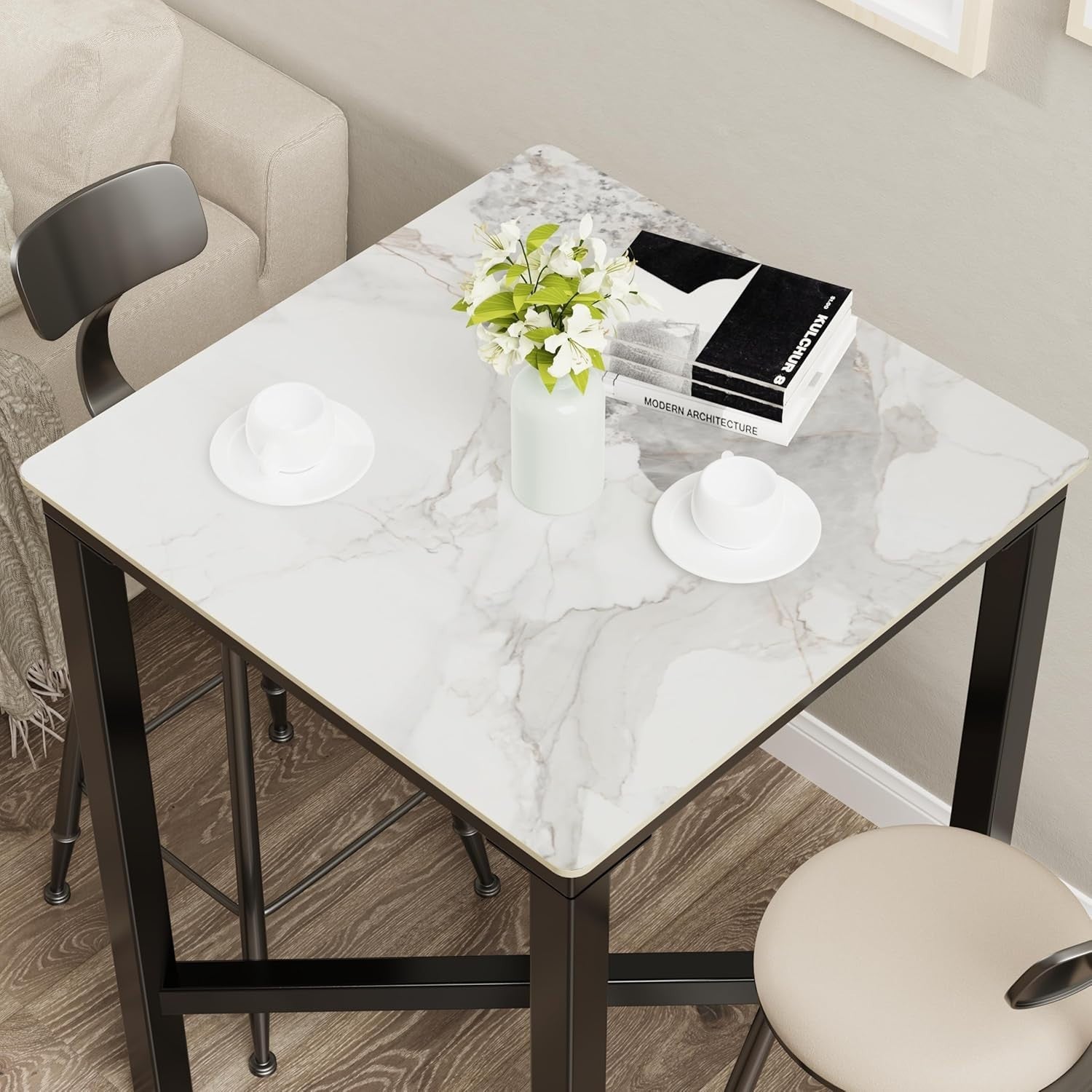 Cold Jadeite Sintered Stone Bar Table 70×70cm Textured Marble Effect 105cm High