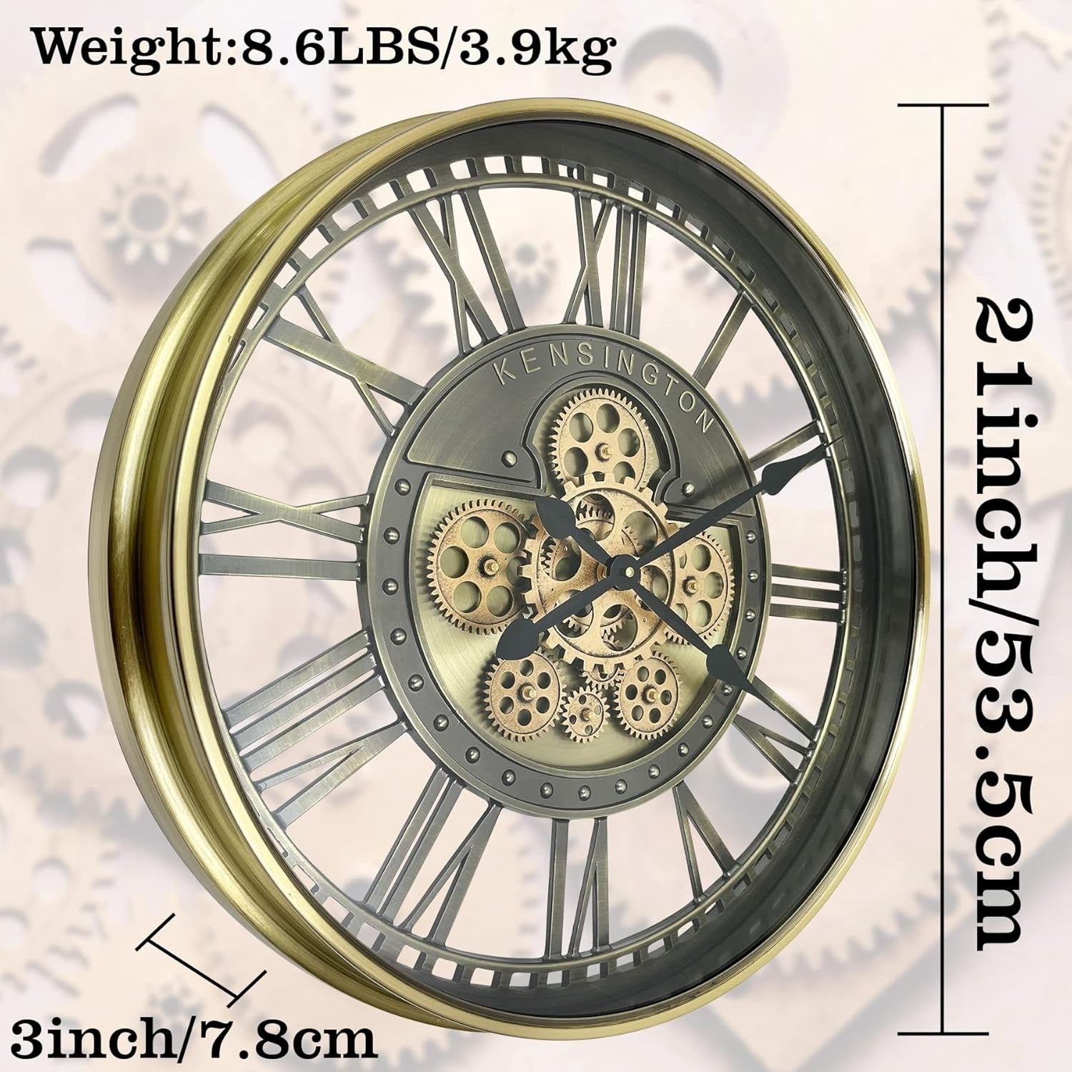 Steampunk Wall Clock 53cm Bronze Silent Gears Metal Roman Vintage