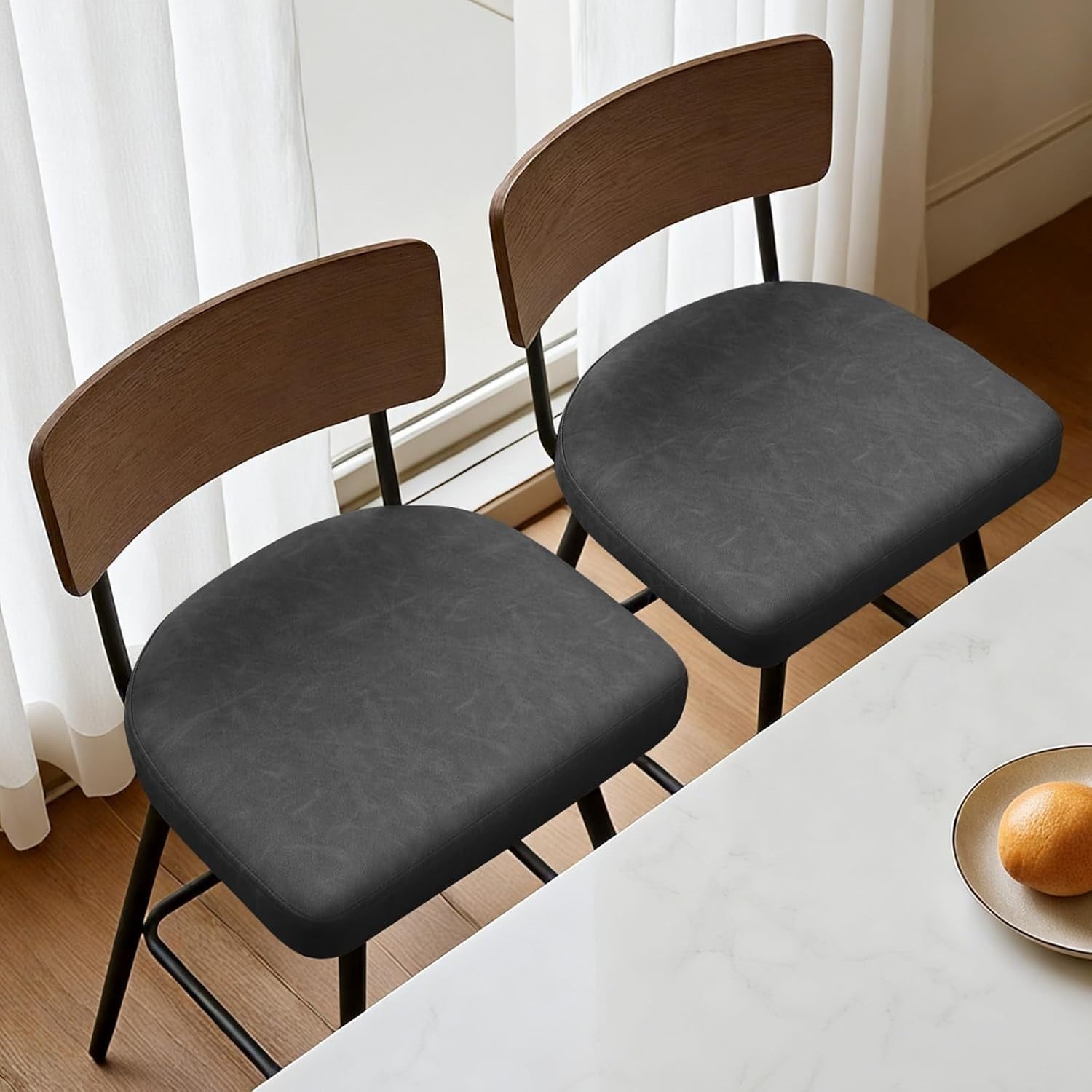 Grey Wood Back Swivel Bar Stools Set of 2 | PU Leather Counter Chairs