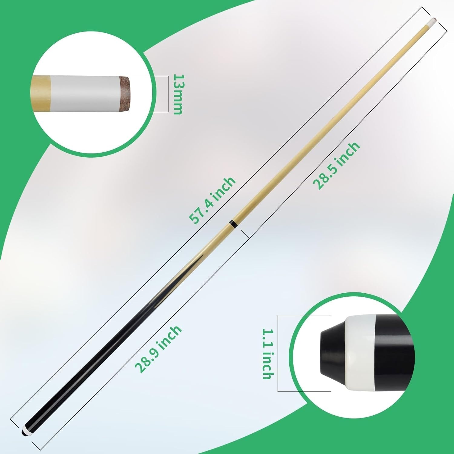 58" Pool Cue Stick Set of 2 18oz Canadian Hardwood 13mm Tip