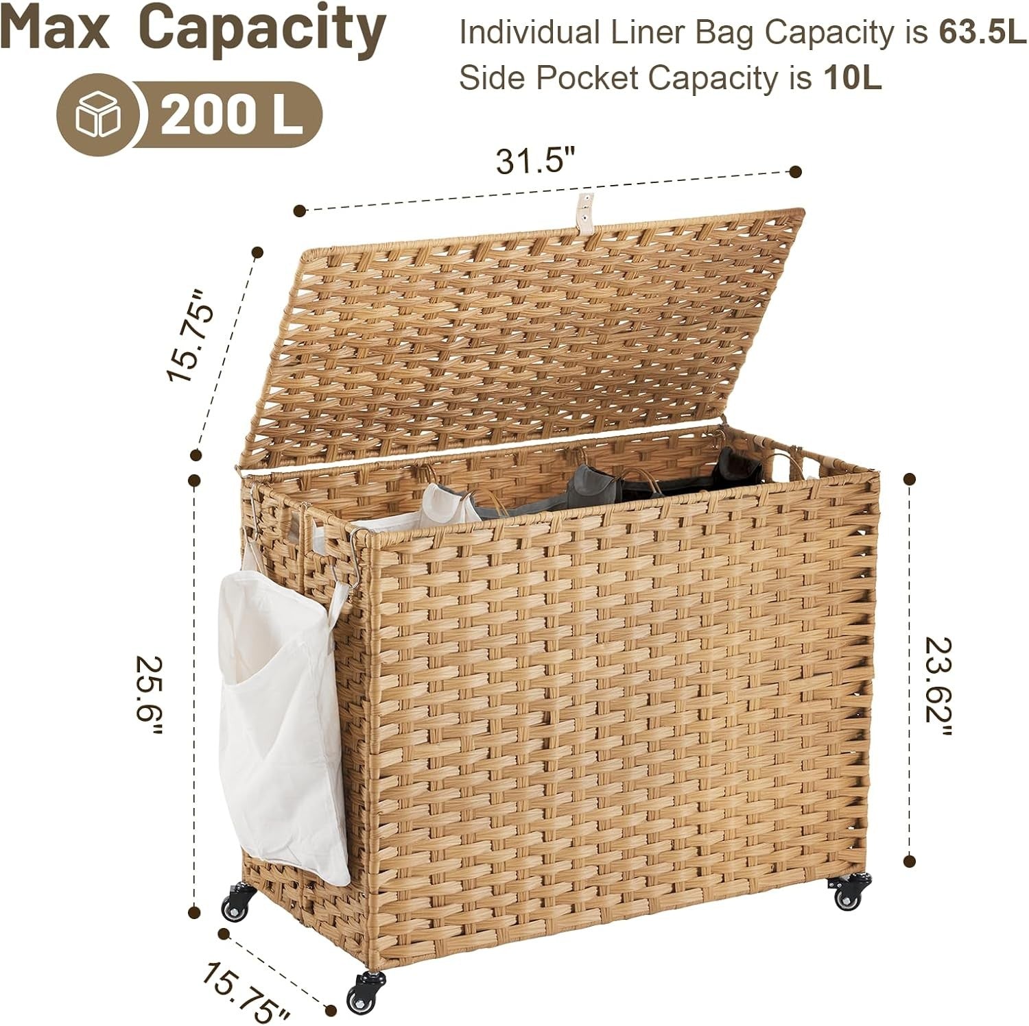 200L Wicker Laundry Hamper on Wheels | 3 Removable Bags & Lid | Large Natural Ba