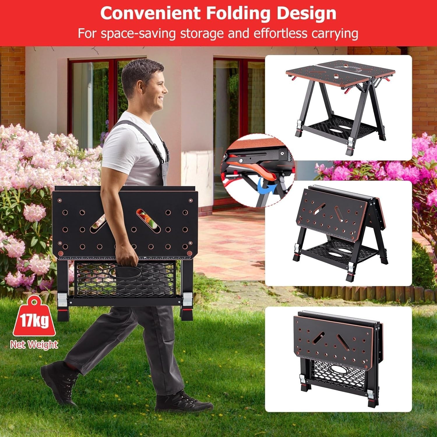 Folding Workbench 70x65cm Adjustable Height Sawhorse 2-in-1 Table 450kg Red