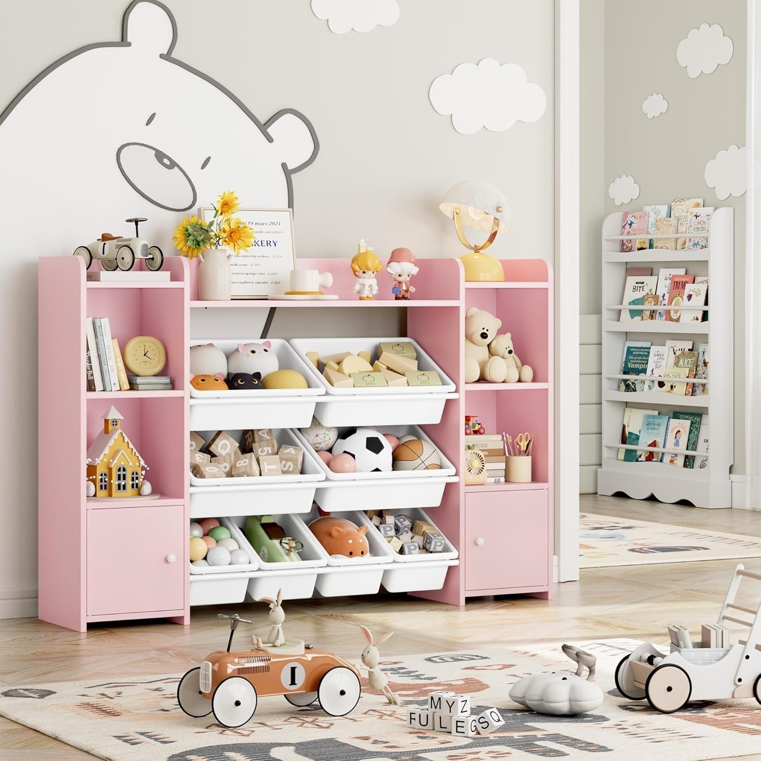 Kids Toy Storage Unit with 8 Boxes & Shelves – Pink Bookcase Organizer
