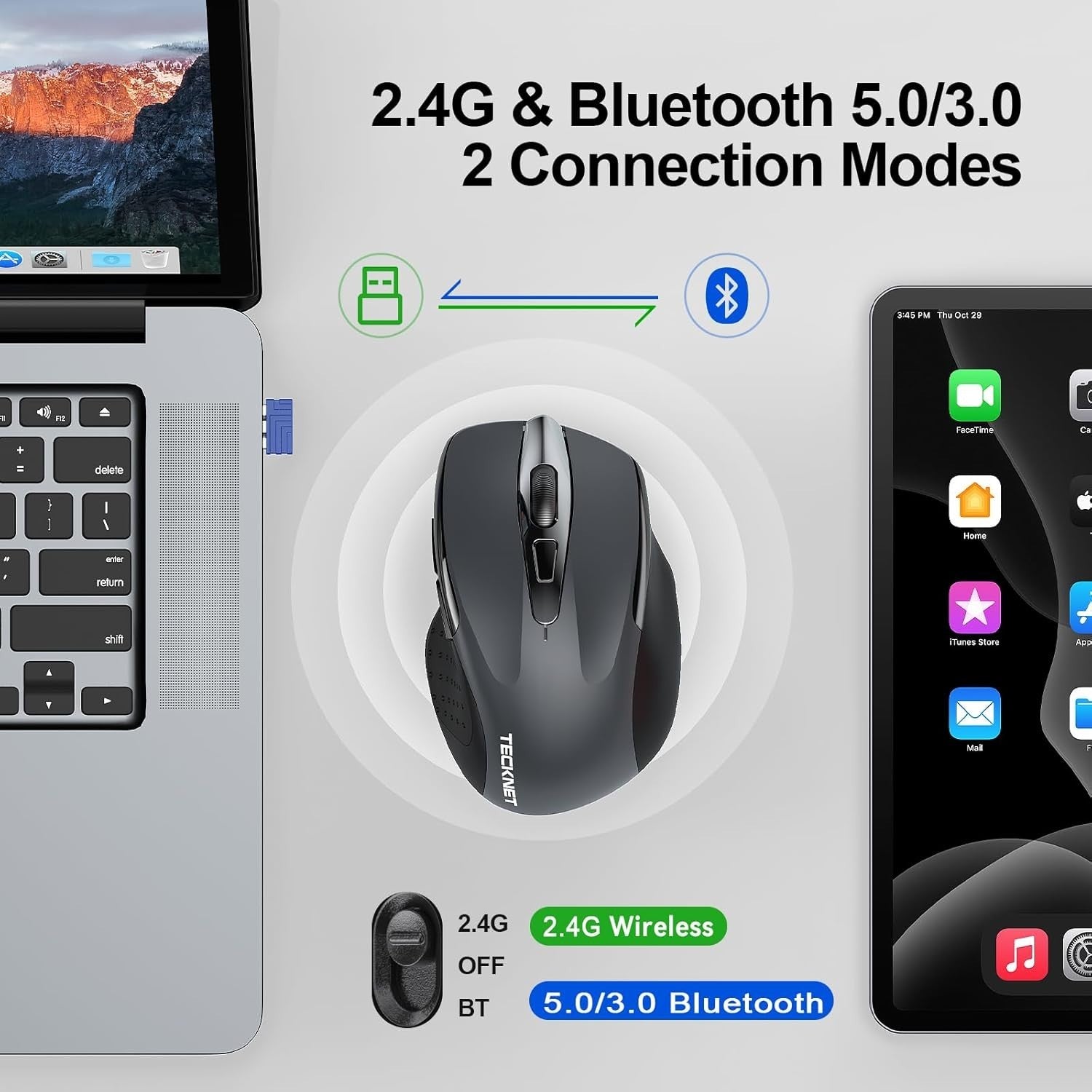 Silent Bluetooth Wireless Mouse 6 Button Adjustable DPI Ergonomic Laptop PC