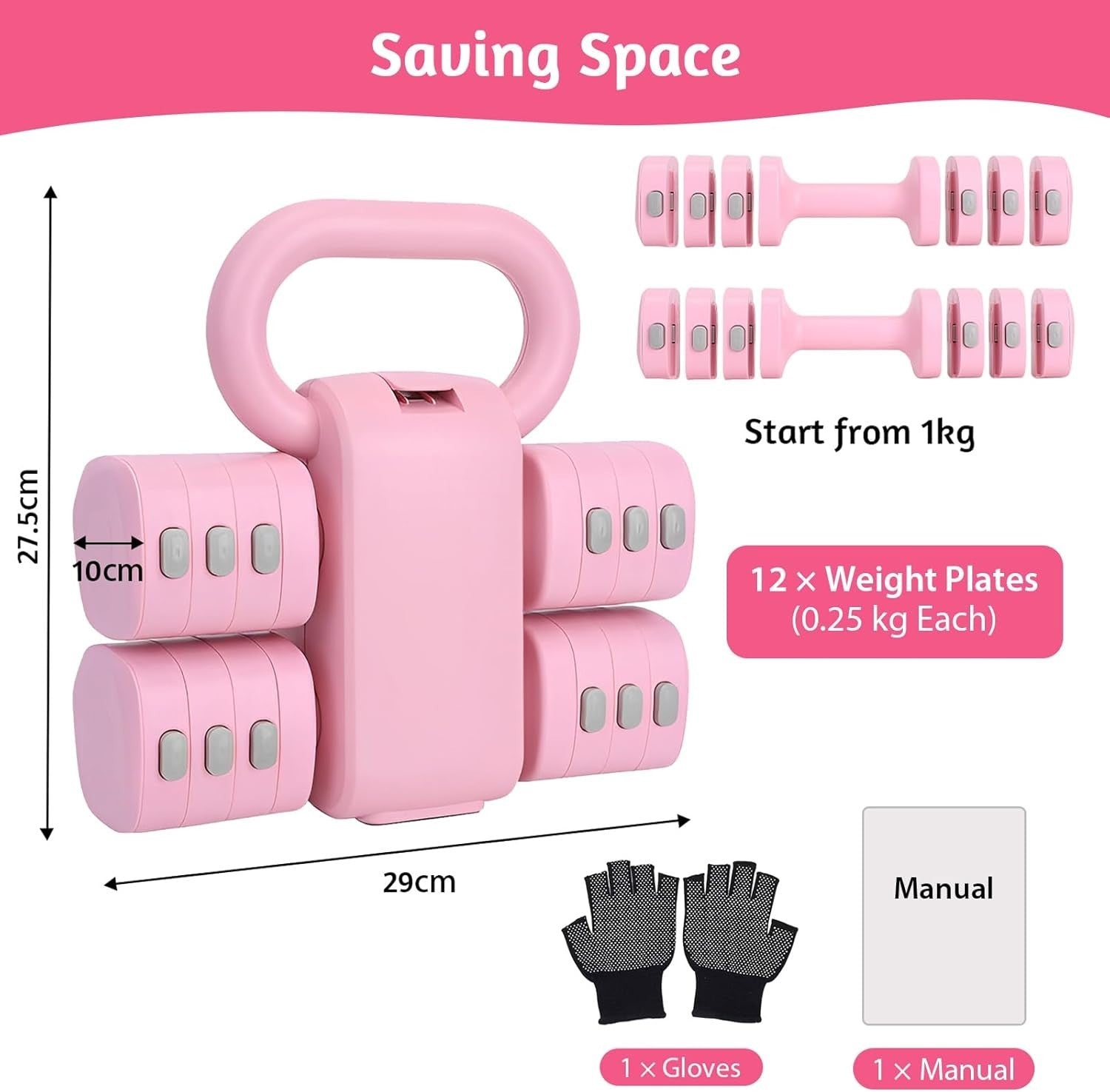 2-in-1 Adjustable Kettlebell Dumbbell Set 1–5kg Pink Home Gym