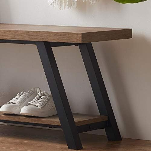 Natural Oak Industrial Entryway Storage Bench Metal Frame Shoe Rack Seat