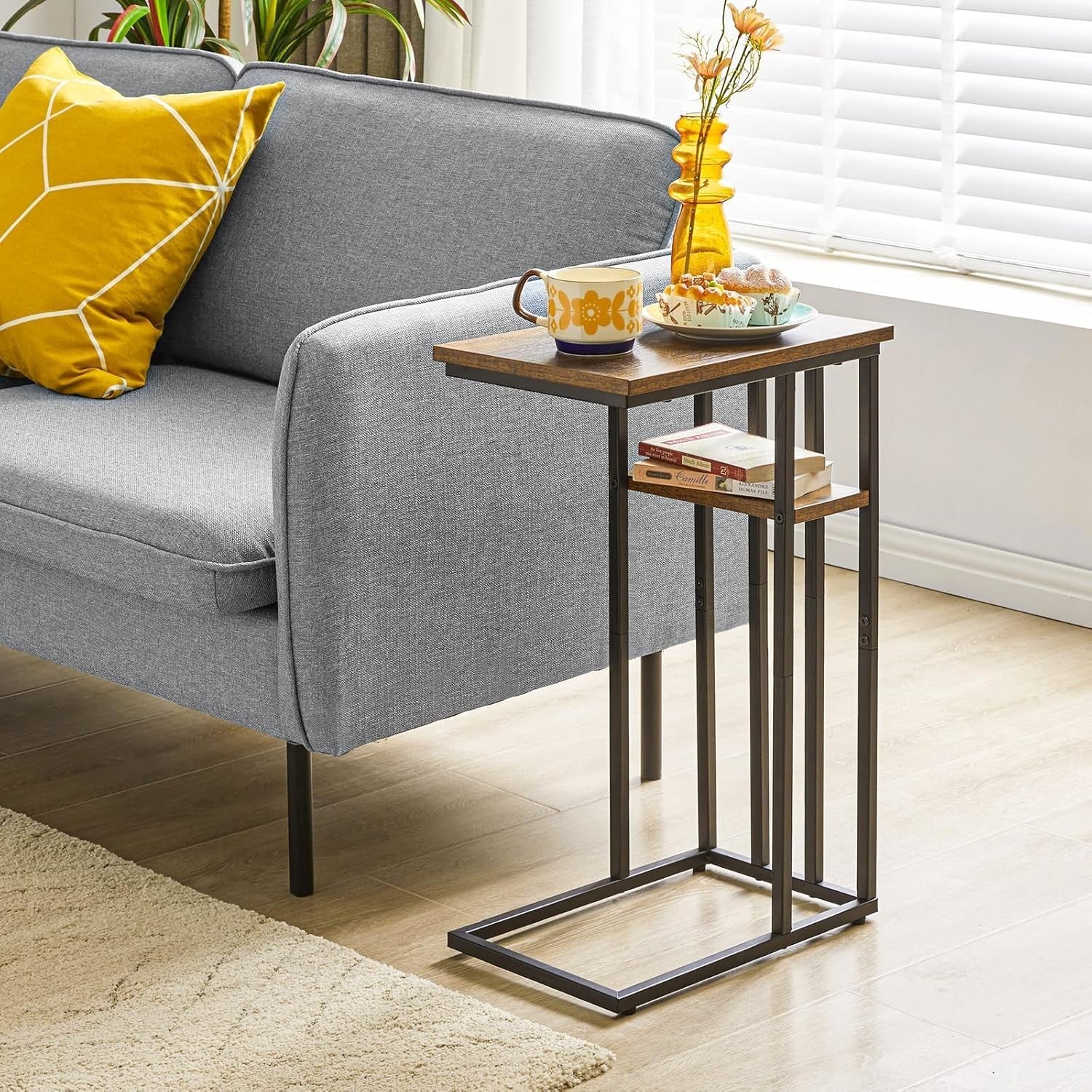 Rustic Brown C-Shaped Side Table 40x26x60 cm | Small End Table for Sofa & Bed