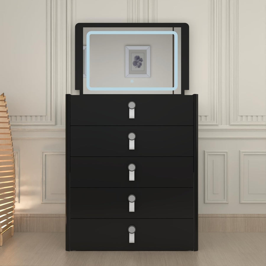 Black High Gloss Dressing Table Vanity Desk Mirror 5 Drawer Storage Stool Set
