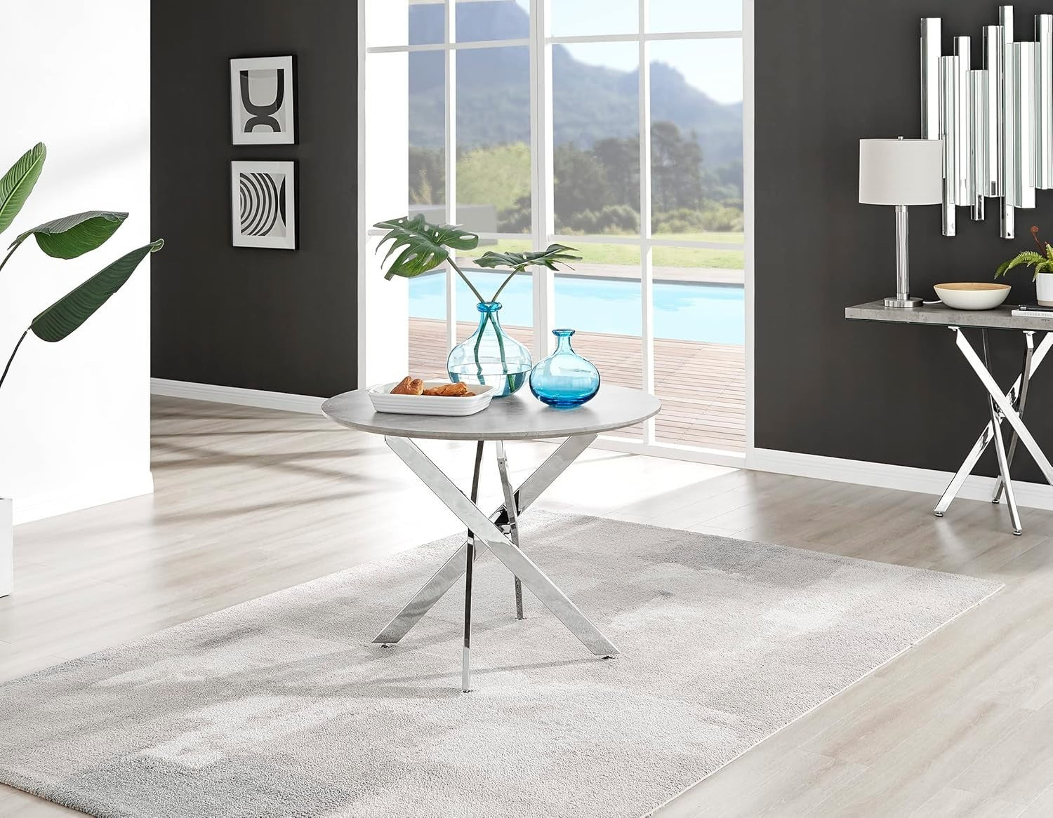 Round Concrete Dining Table 100cm Silver Legs Modern Compact 2–4 Seater