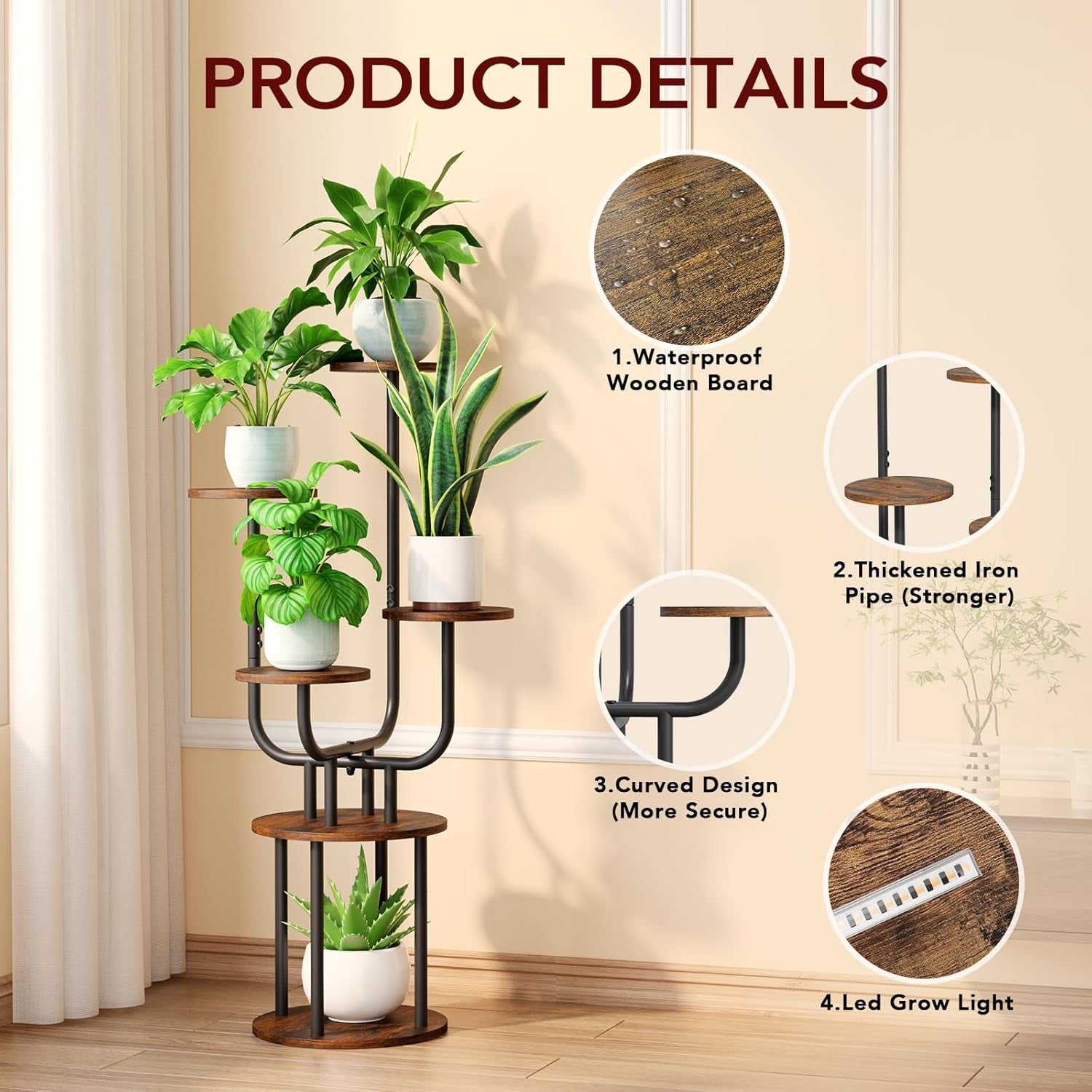6 Tier Metal Wood Plant Stand with Grow Light Indoor Corner Shelf Rack Brown