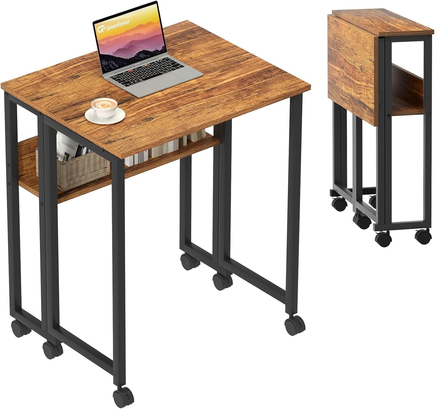 Folding Desk with Shelf & Wheels 31.5" Compact Walnut Rolling Computer Table