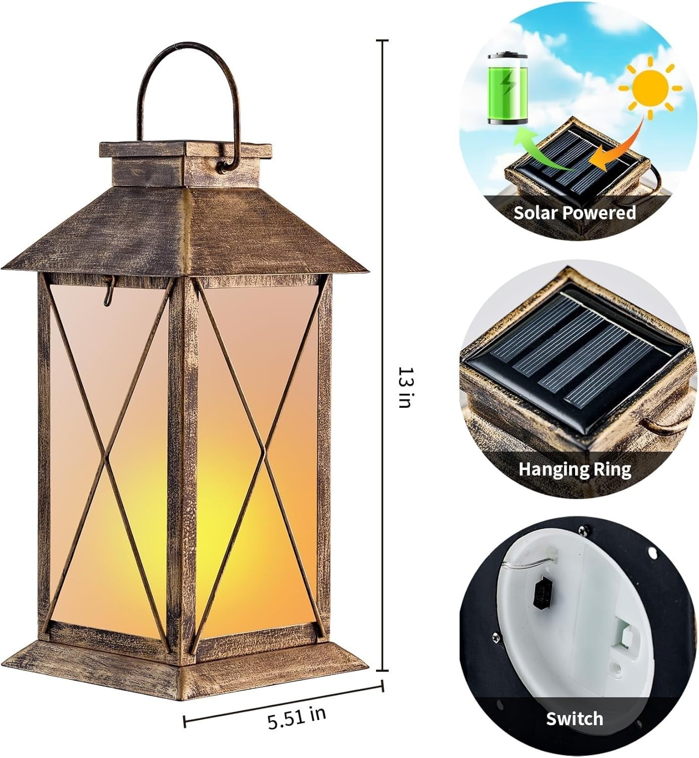 2-Pack Solar Lanterns Flickering Flame 13" Glass Metal Outdoor Lights