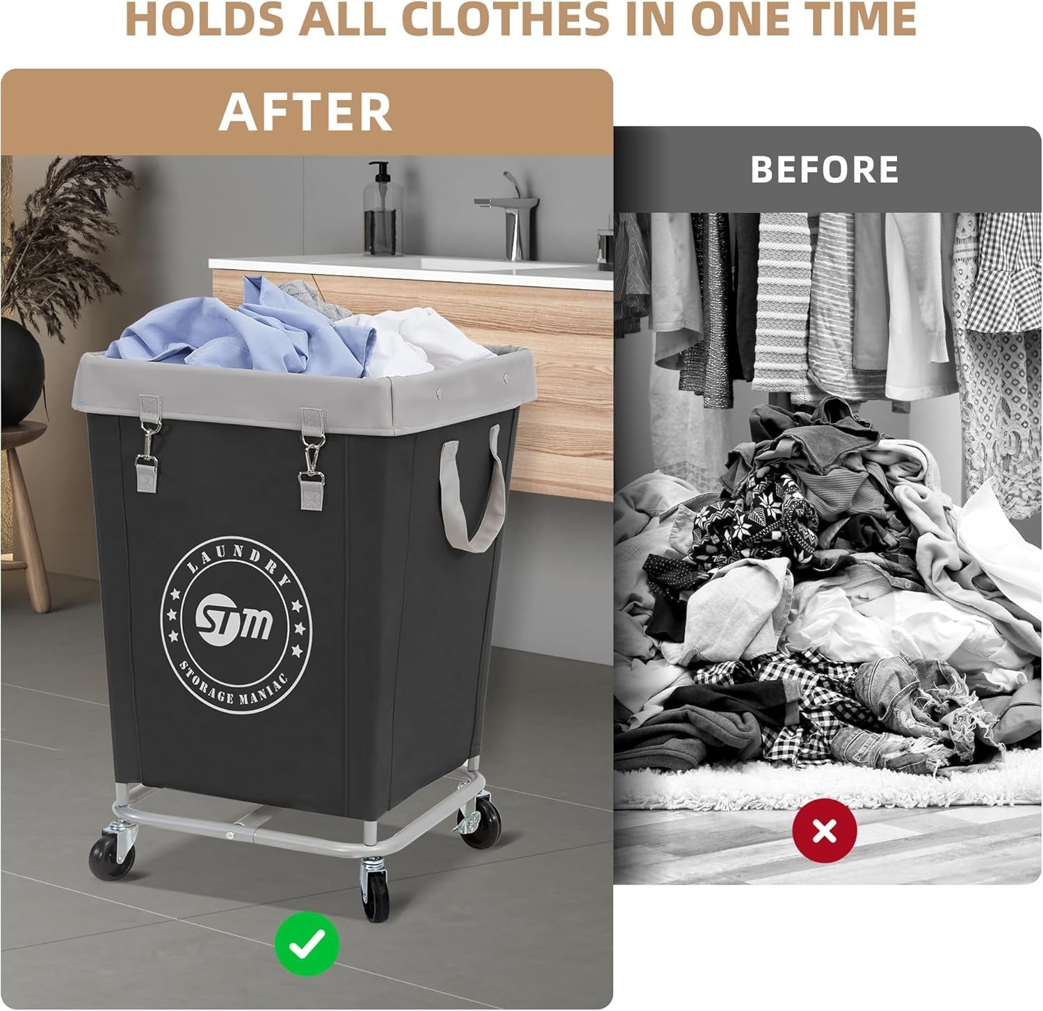 160L Commercial Laundry Hamper on Wheels | Heavy-Duty Steel Cart | Large Black B