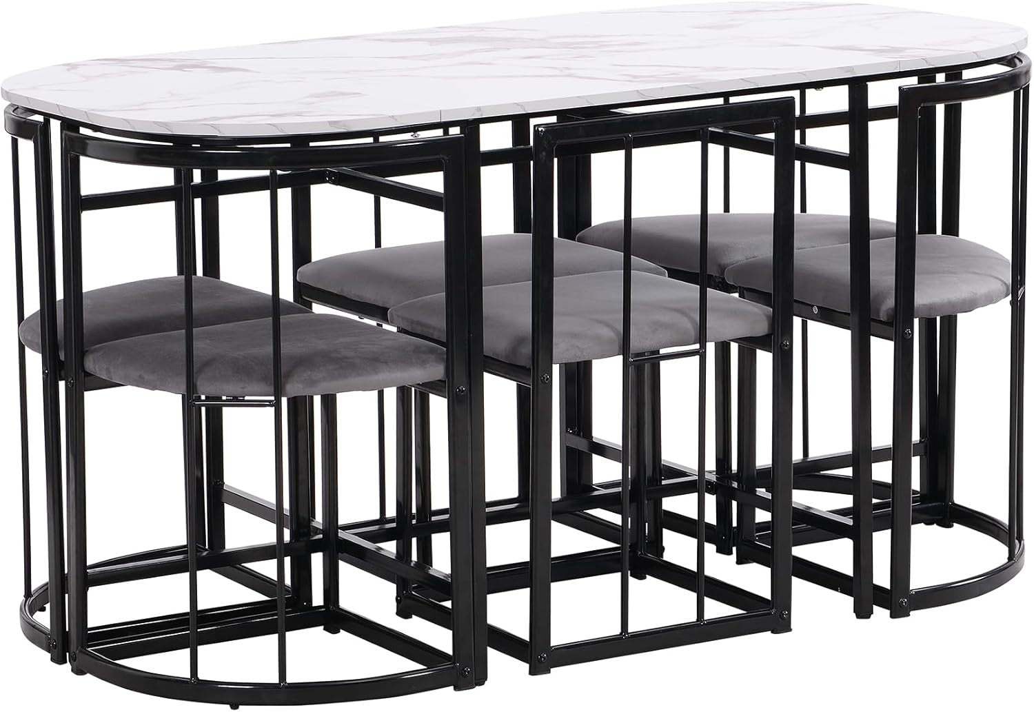 Modern 6-Piece Dining Table Set with Storage & Cushioned Chairs, 140x80x76cm