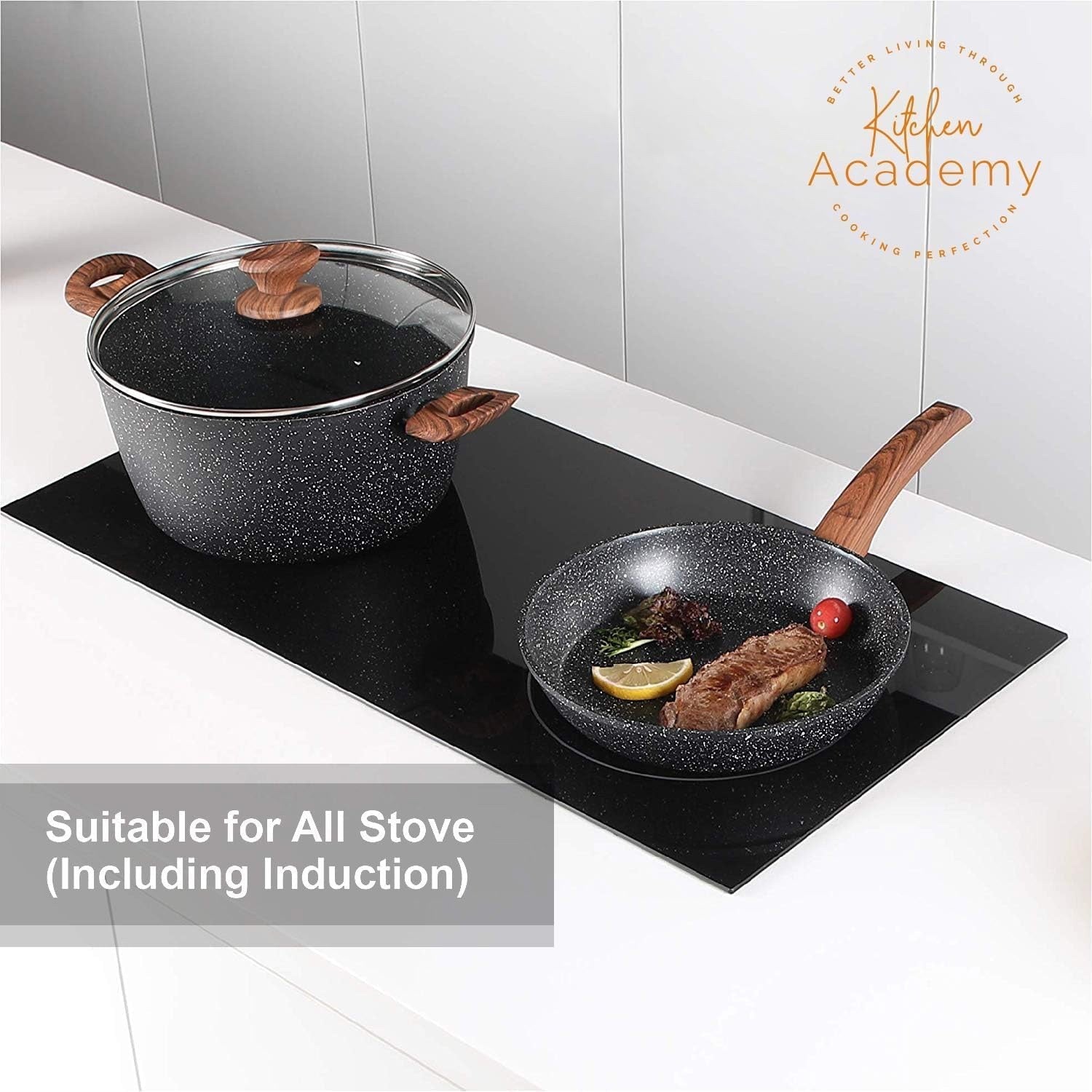 12pcs Black Granite Induction Cookware Set Non Stick Pans Pots with Glass Lids
