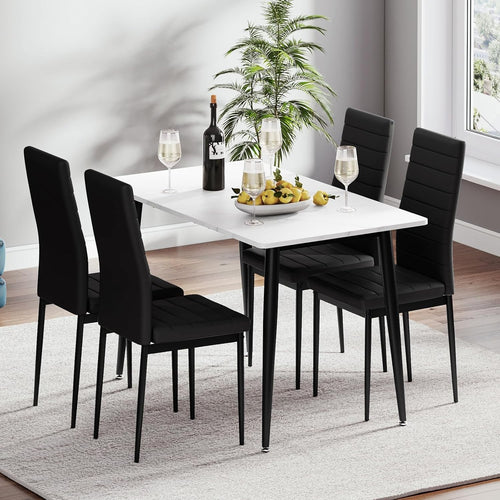 4 Seater Marble Dining Table Set White Faux Leather Chairs Modern