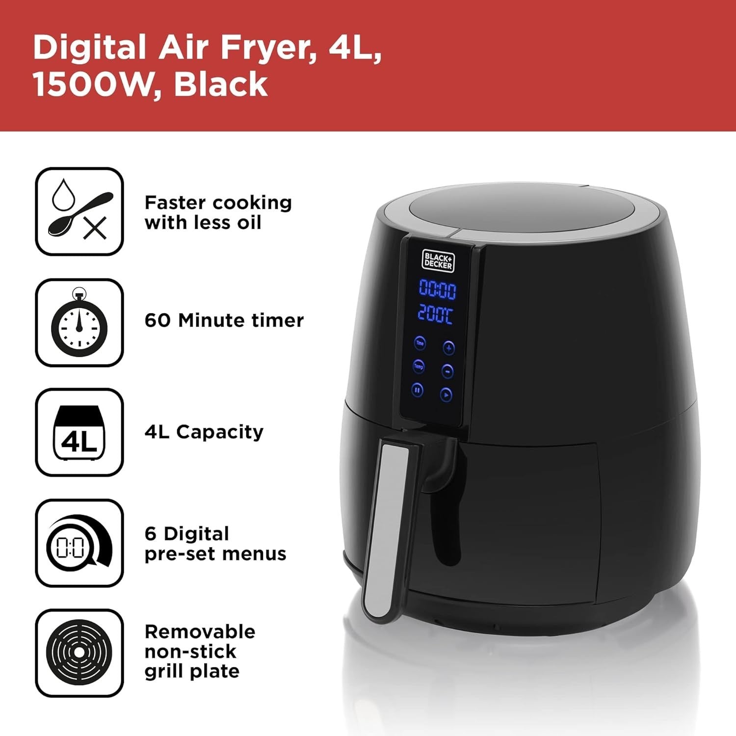 4L Digital Air Fryer 1500W Extra Crisp Healthy Cooking Fast 6 Presets Easy Clean