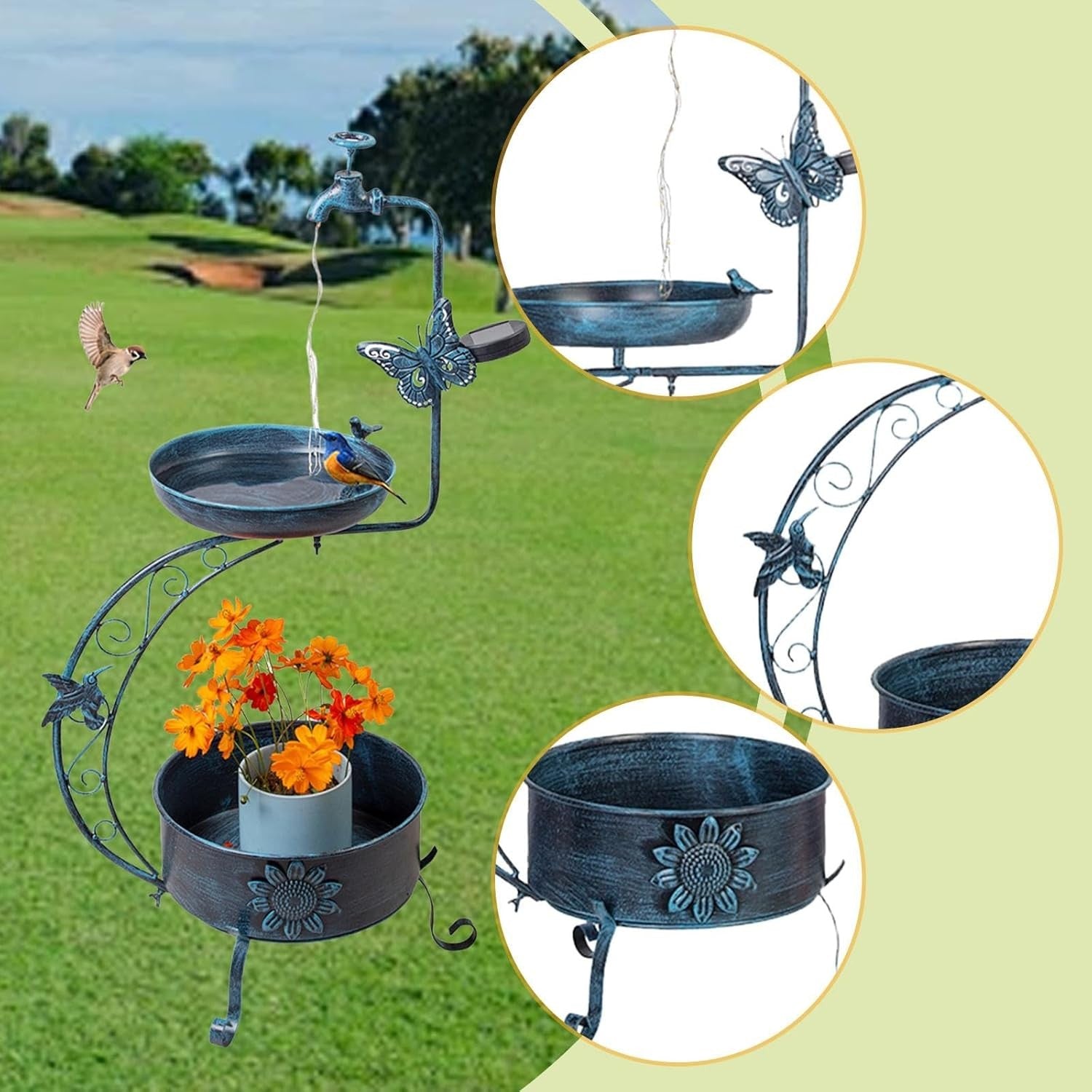 Outdoor Bird Bath with Solar Light & Planter Stand 36” Garden Patio Decor