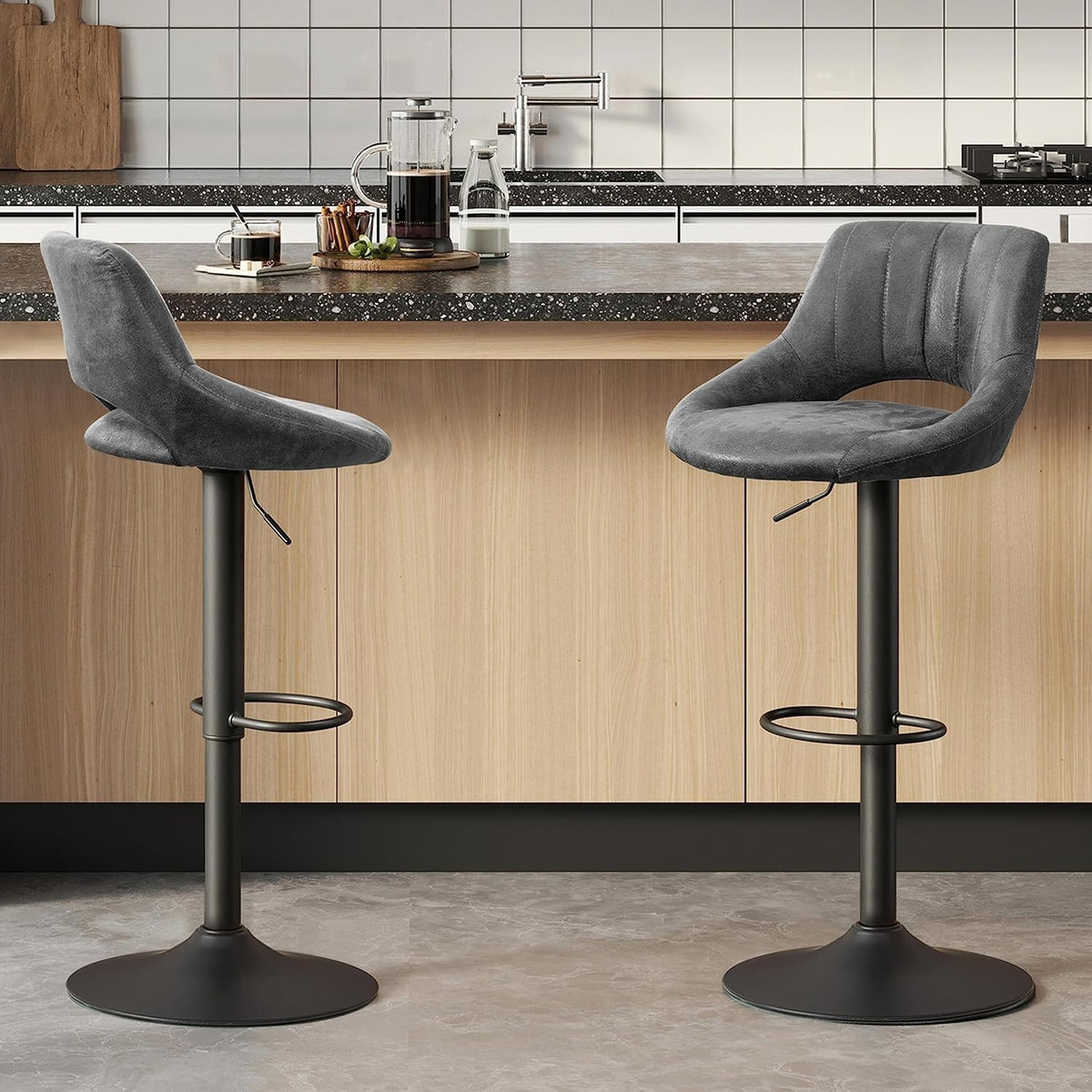 Grey Bar Stools Set of 2 | Memory Foam Seat, Adjustable Swivel, Round
