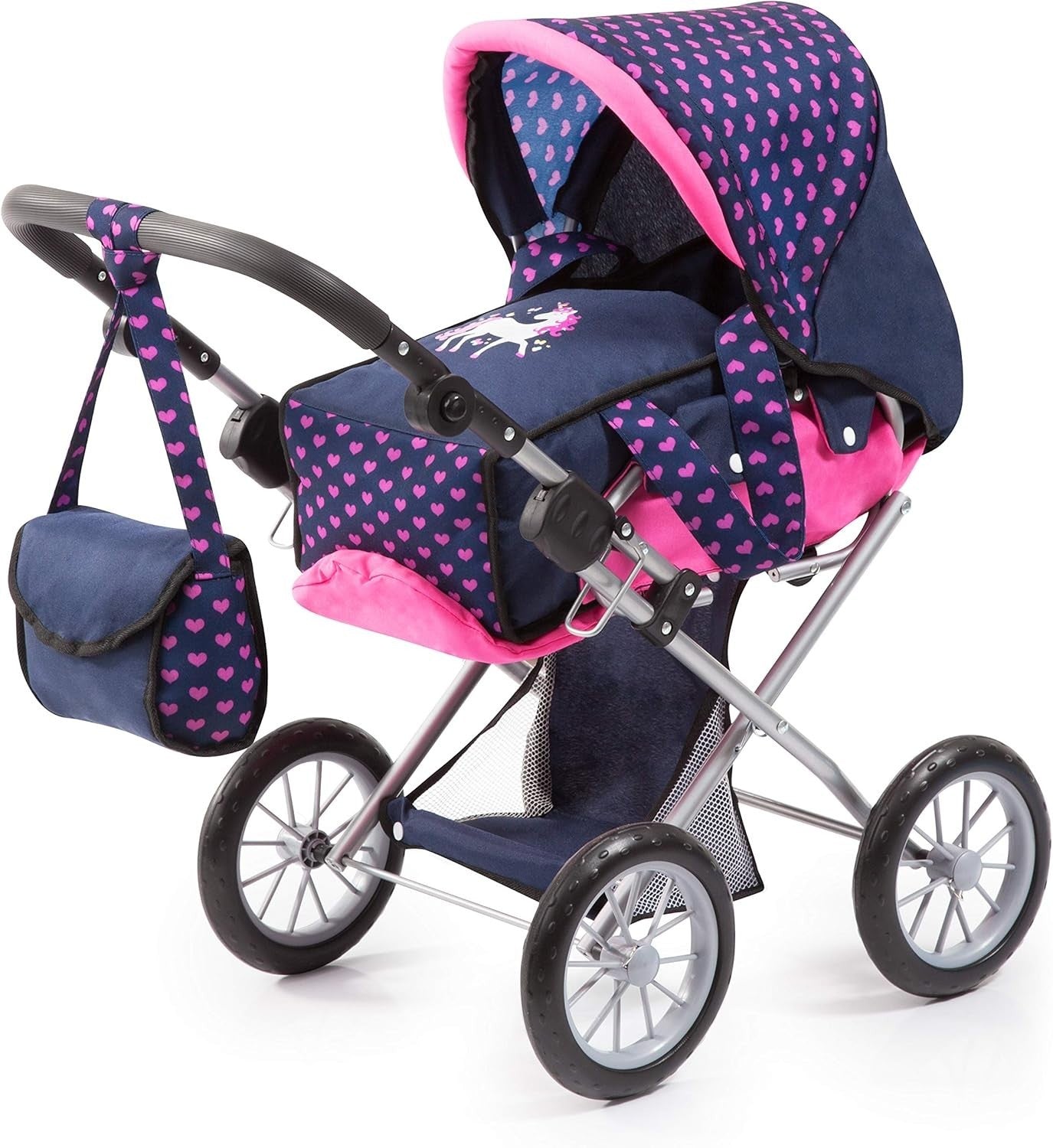 Unicorn Doll Pram Convertible Stroller Adjustable Handle Basket Bag