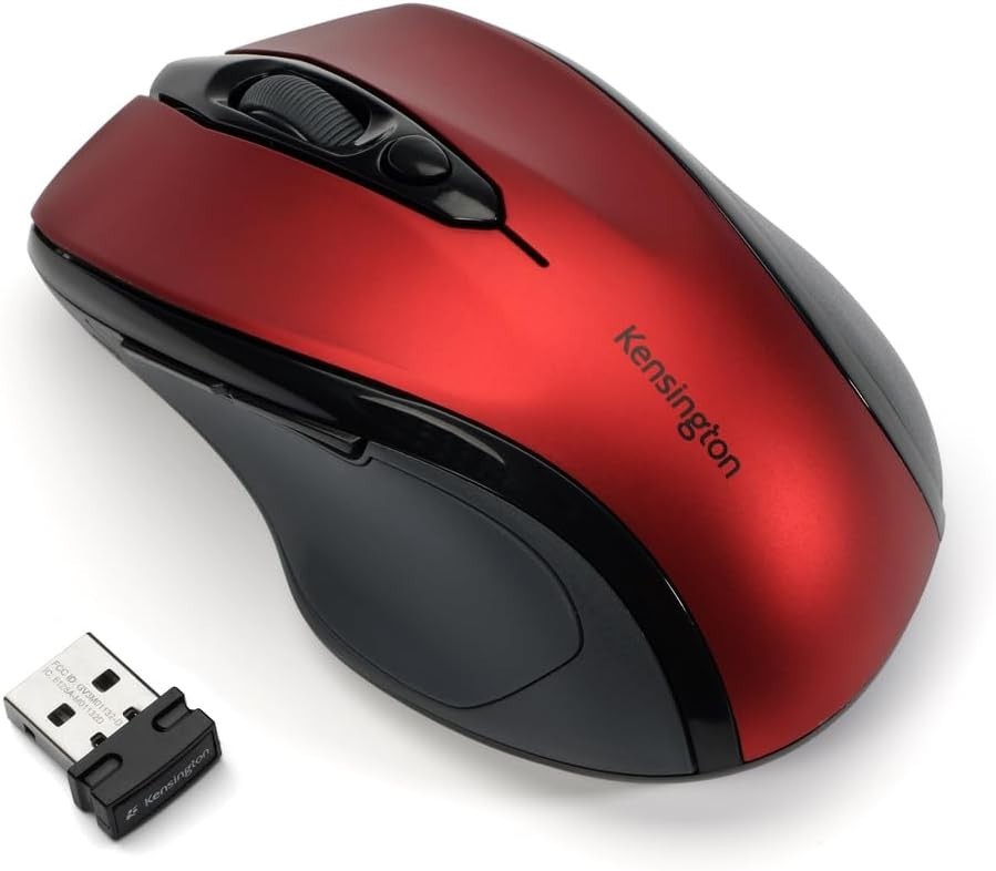 Wireless Mouse Mid Size 5 Button Optical Ergonomic USB Nano Red