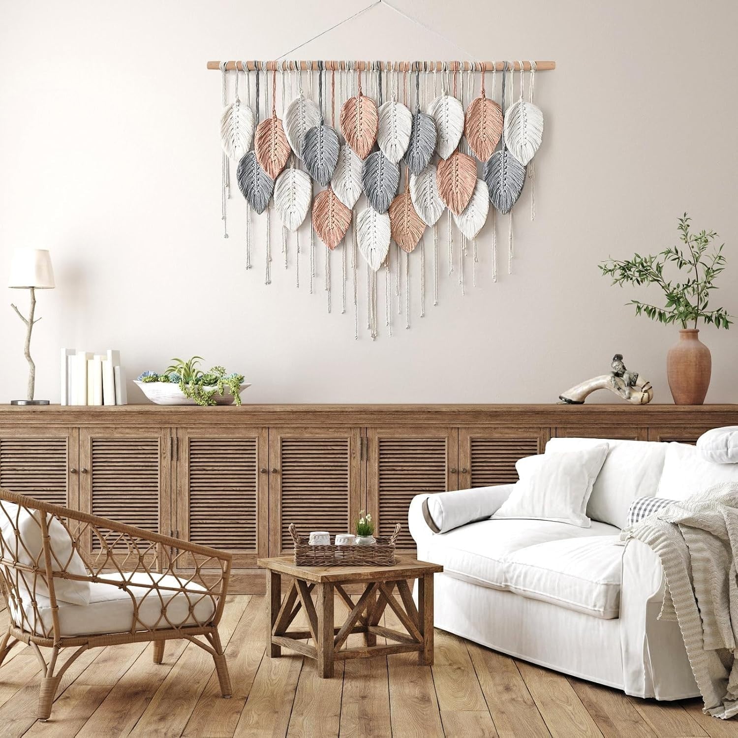 Pink Large Leaf Macrame Wall Hanging 39"x29.5" Boho Decor