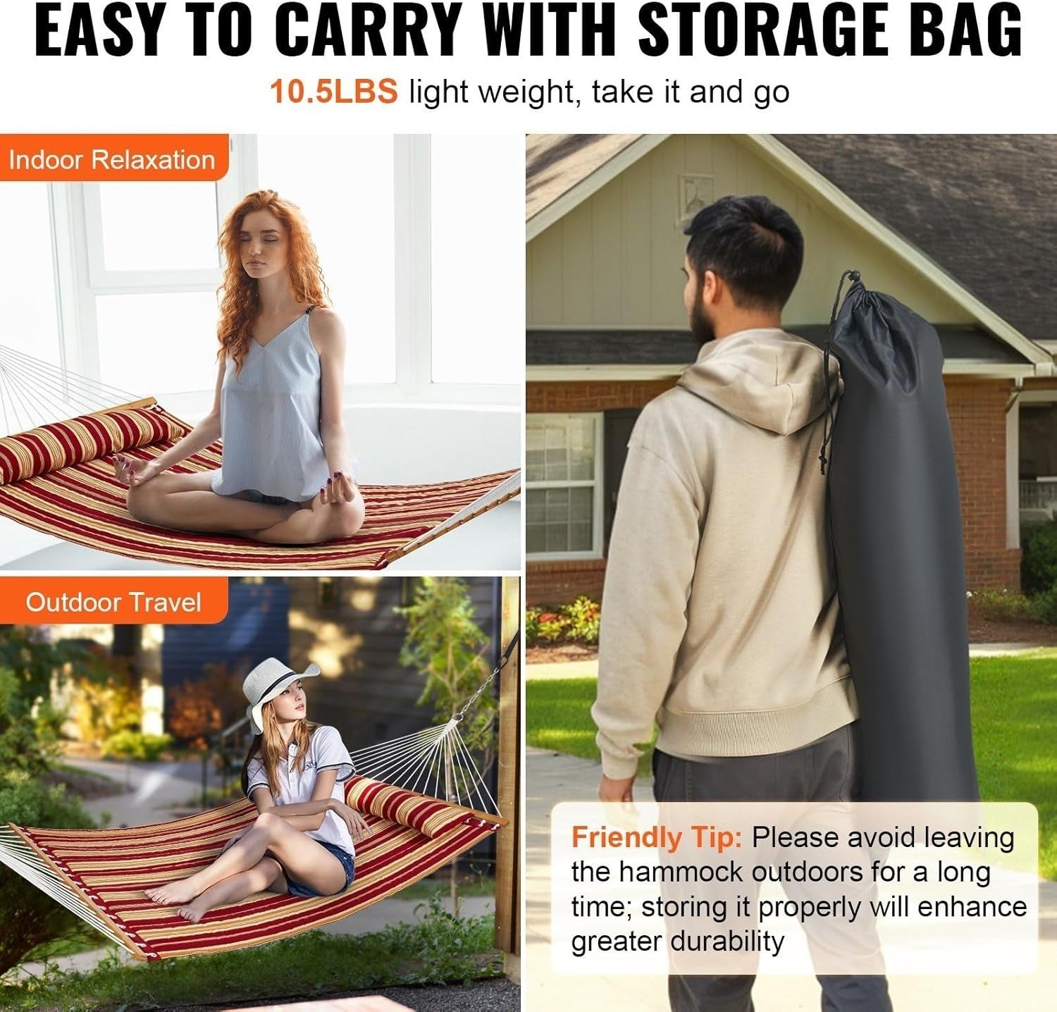 Luxury Quilted Double Hammock w/ Pillow & Spreader Bar – Indoor Outdoor Relax