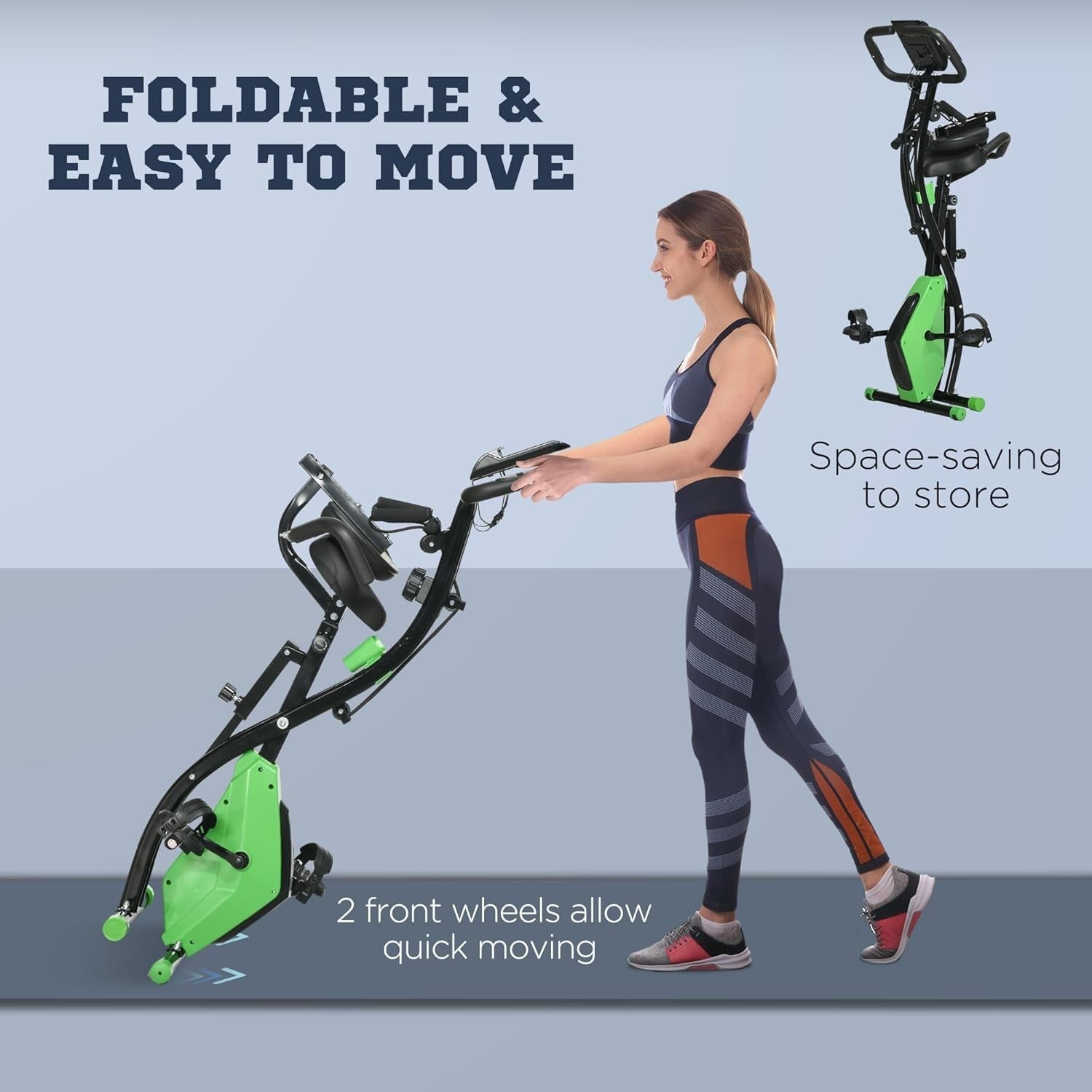 Green 3-in-1 Folding Exercise Bike Magnetic Resistance LCD Pulse & Bands