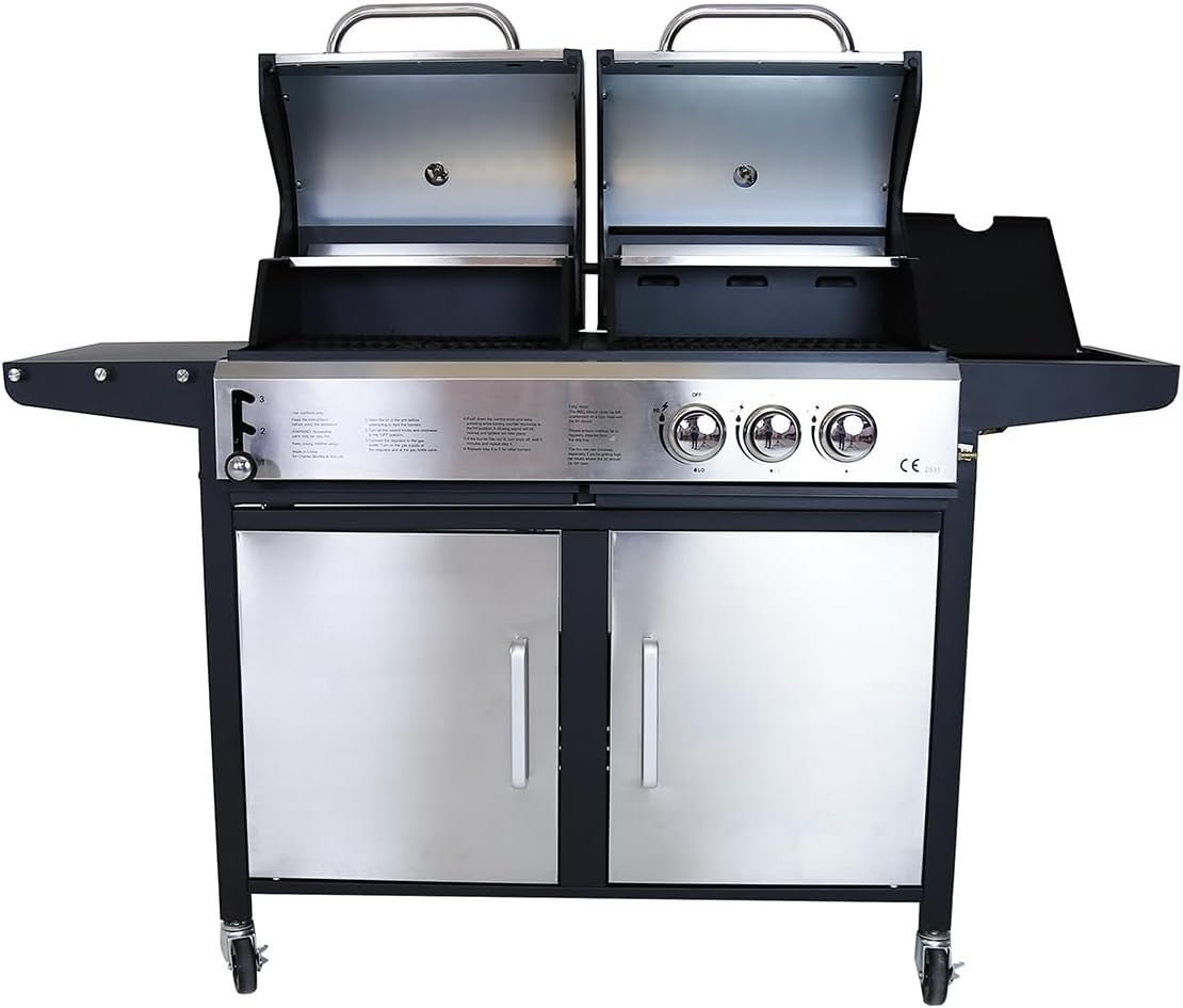 Dual Fuel Gas & Charcoal BBQ Grill with Thermometer & Side Table – 2+1 Burner