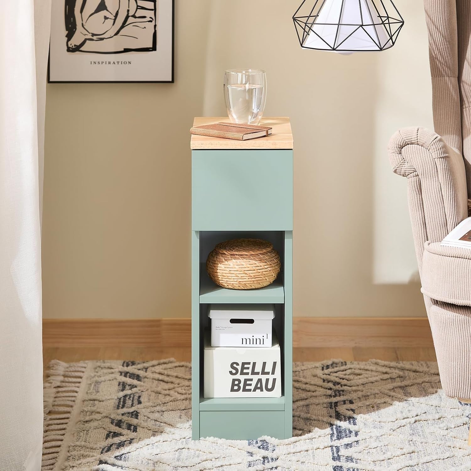 Slim Green Bedside Table with Drawer & 2 Shelves | Modern Narrow Nightstand