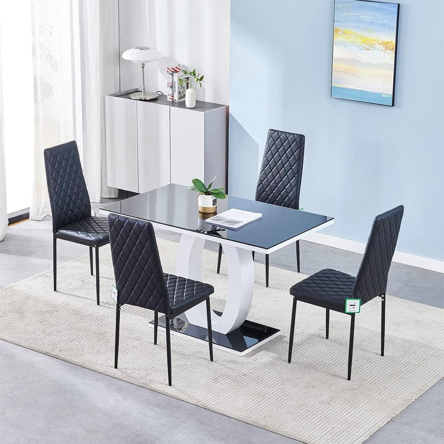 120cm Gloss Dining Table & 4 Black Chairs | Chrome Modern Kitchen Set