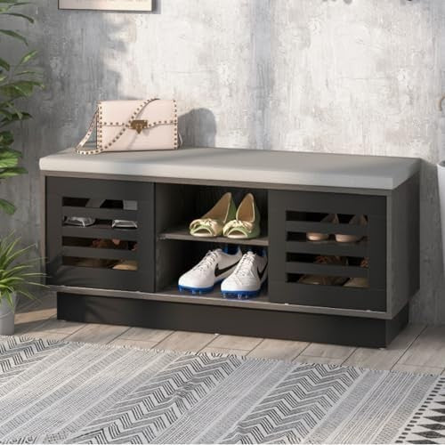 6-Compartment Grey Shoe Bench with Cushion & Adjustable Shelves for Home
