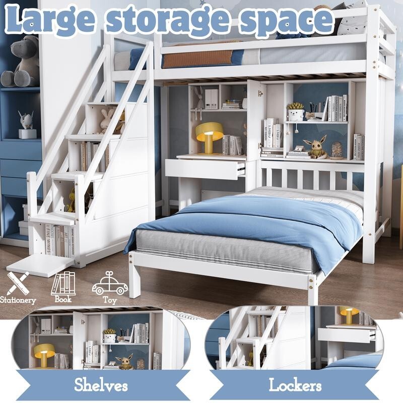 Kids Bunk Bed with Desk & Storage White 3FT Pine Wood Double Loft Bed 90x190cm