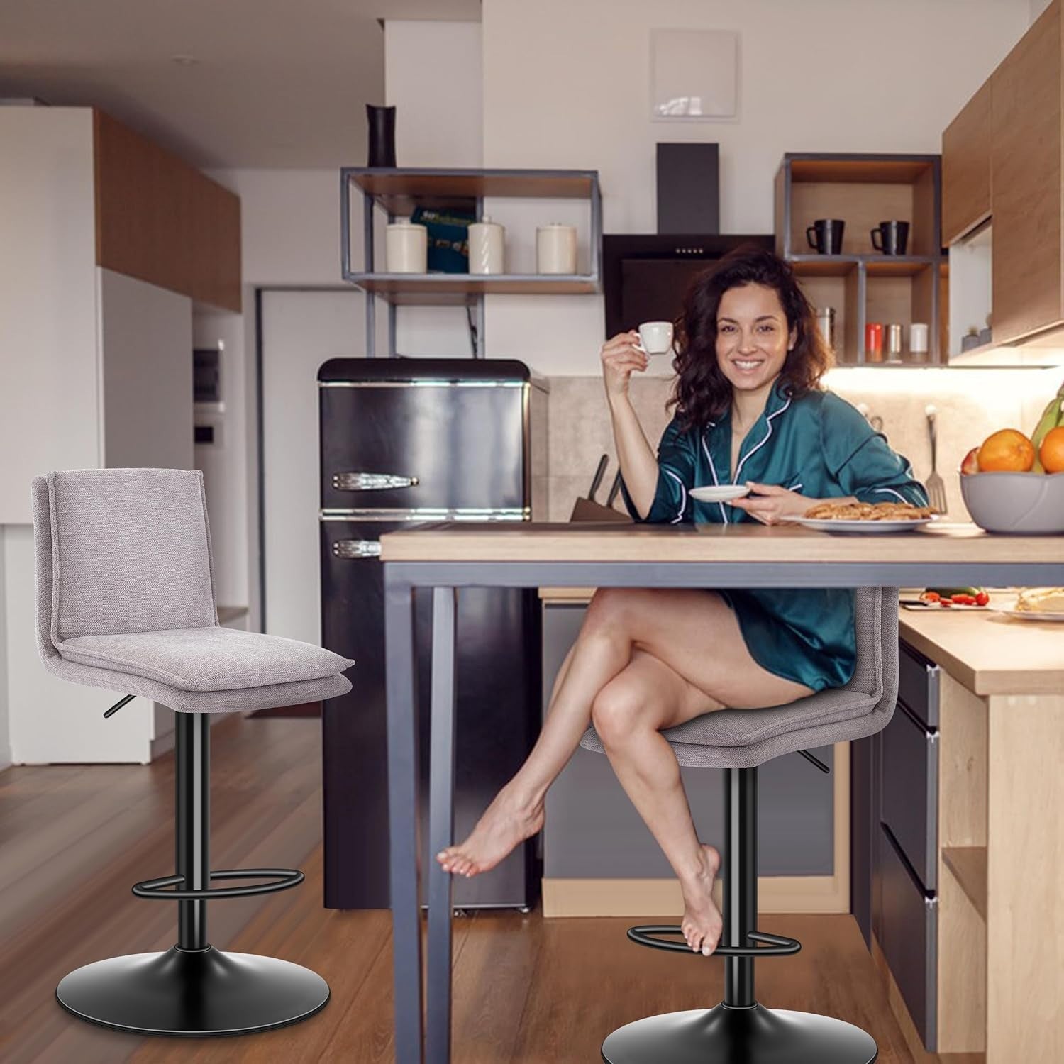 Adjustable Grey Linen Bar Stools for kitchen Set of 2 Swivel Kitchen Counter