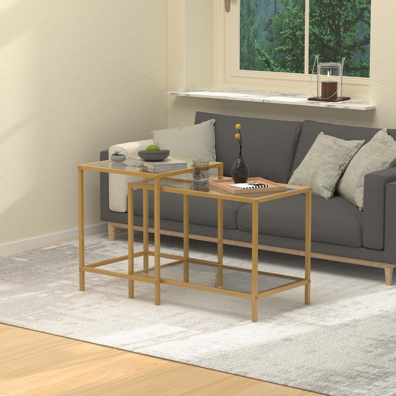 Glass Nesting Coffee Table Set 2 Side End Tables Modern Metal Frame Space Saving