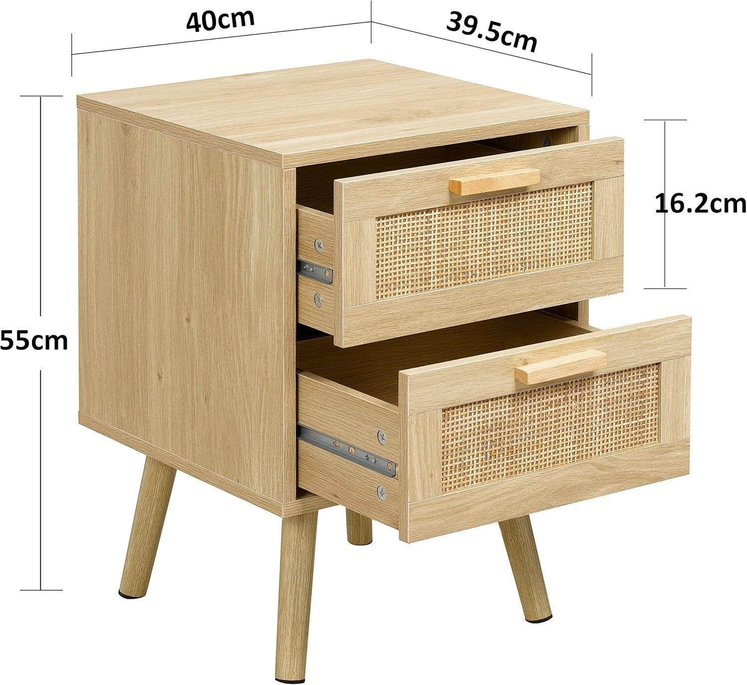 Set of 2 Rattan Bedside Tables with Drawers – Natural Wooden Nightstands