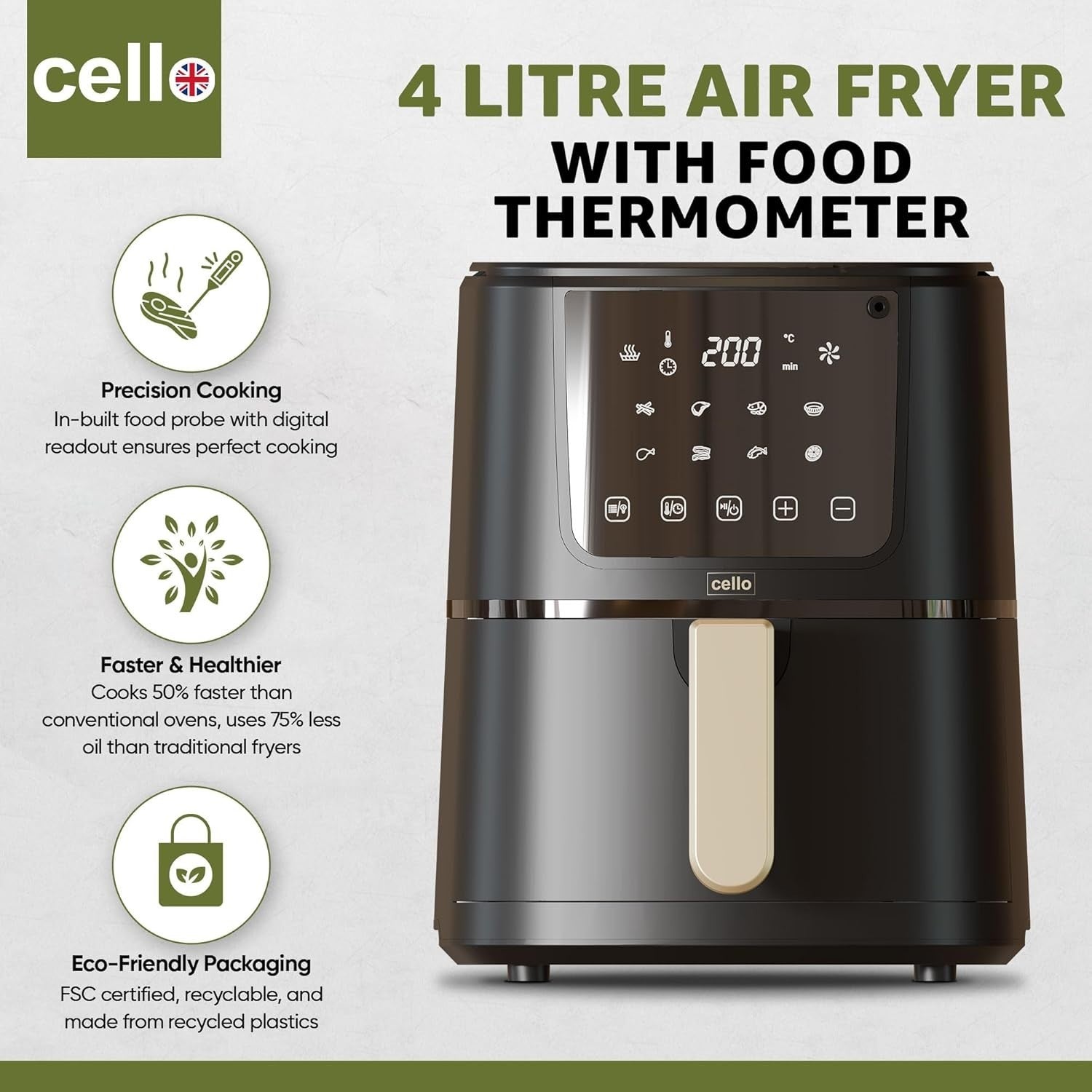 4L Digital Air Fryer 1400W | ProChef Thermometer | 8 Presets | Compact