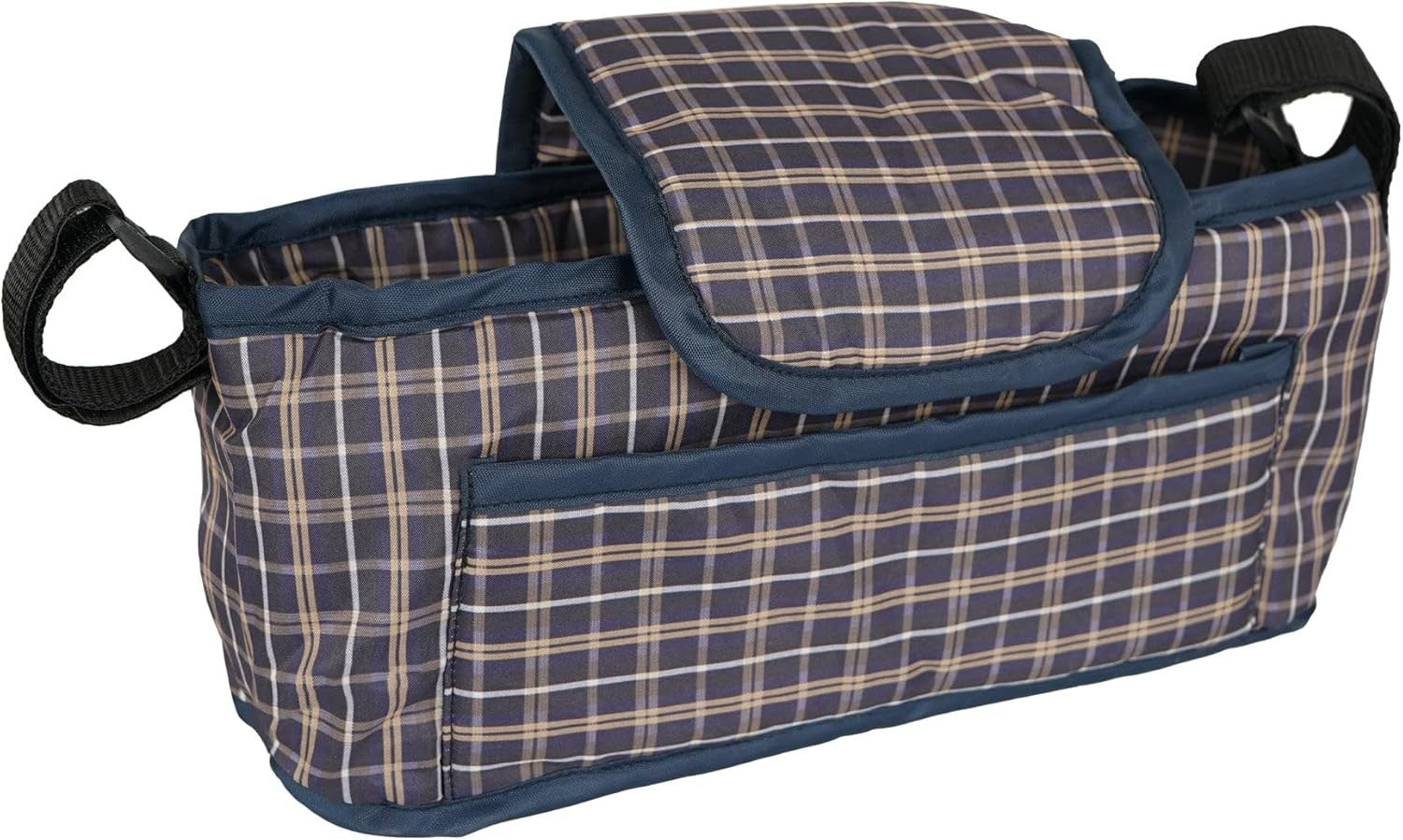 Grey Tartan Pet Stroller Pushchair with Caddy Bag Foldable 15kg Travel Pram