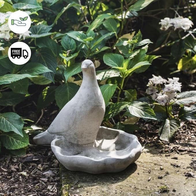 Cast Stone Pigeon Birdbath & Feeder – Handcrafted Garden Ornament Sculpture
