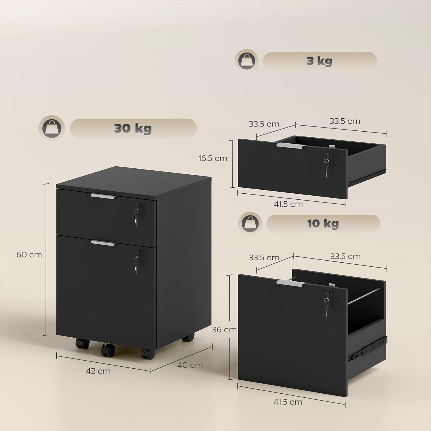 Black Mobile File Cabinet 2 Drawer Lockable Under Desk A4 Letter