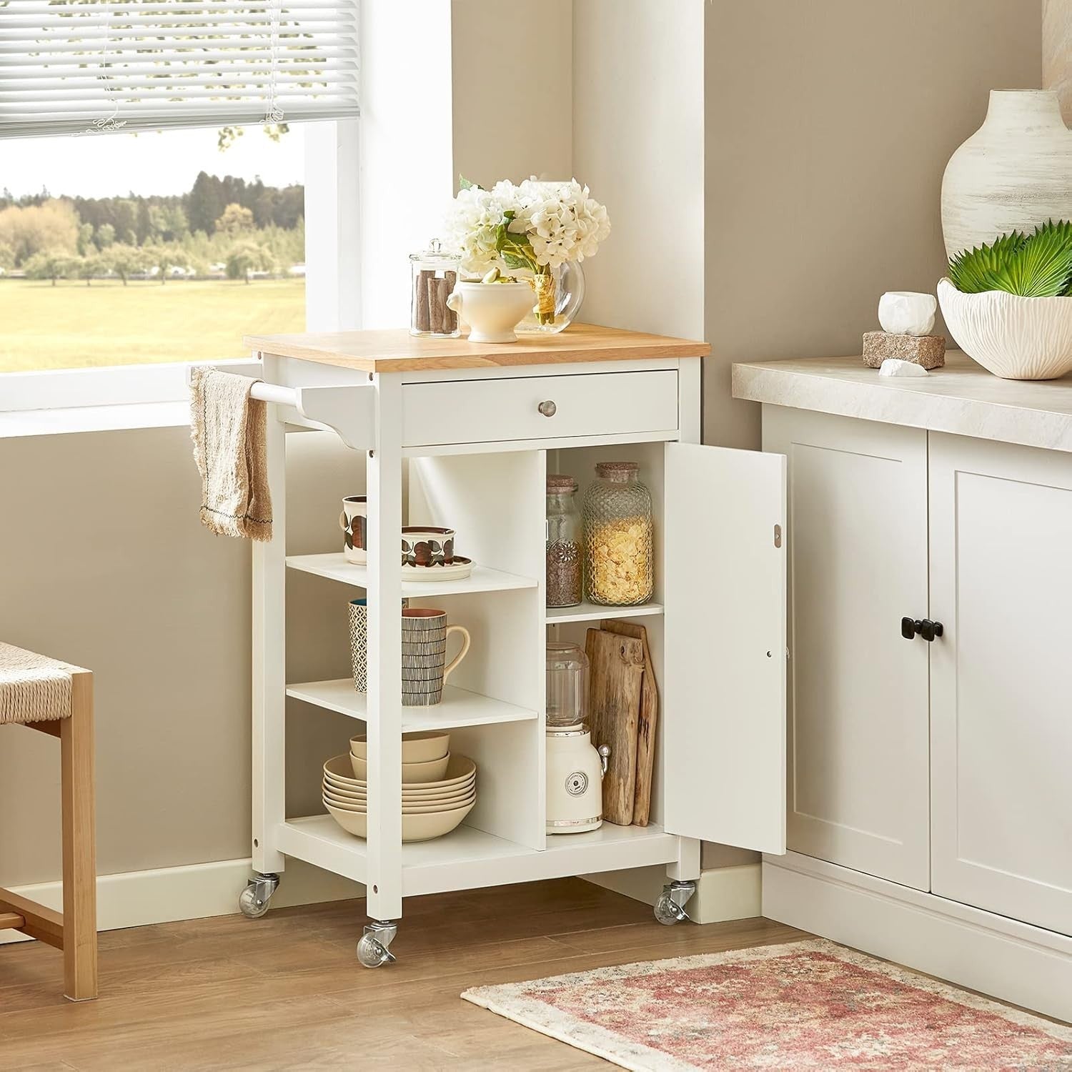 Wood Kitchen Trolley Cart Drawer Cupboard Shelves
