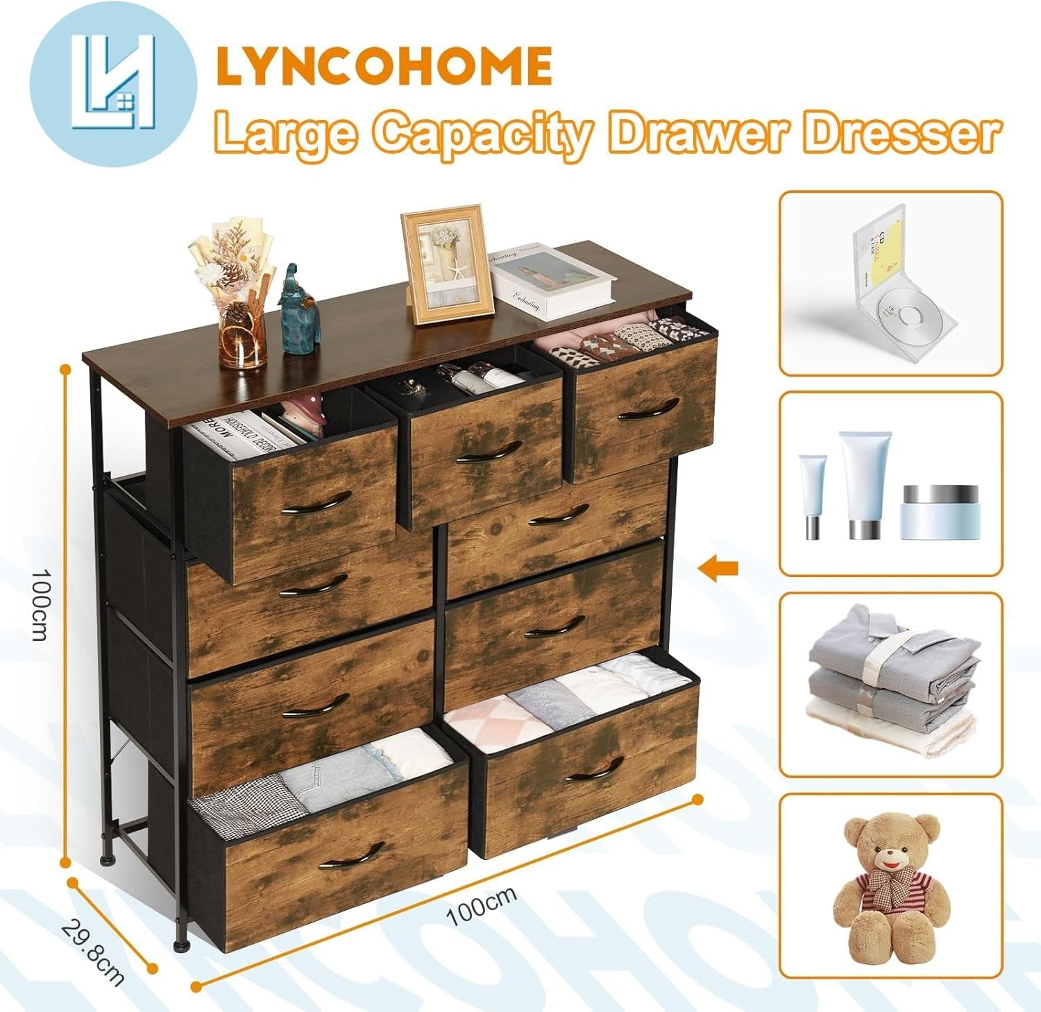 9 Drawer Fabric Dresser Chest with Metal Frame Large Bedroom Storage Unit