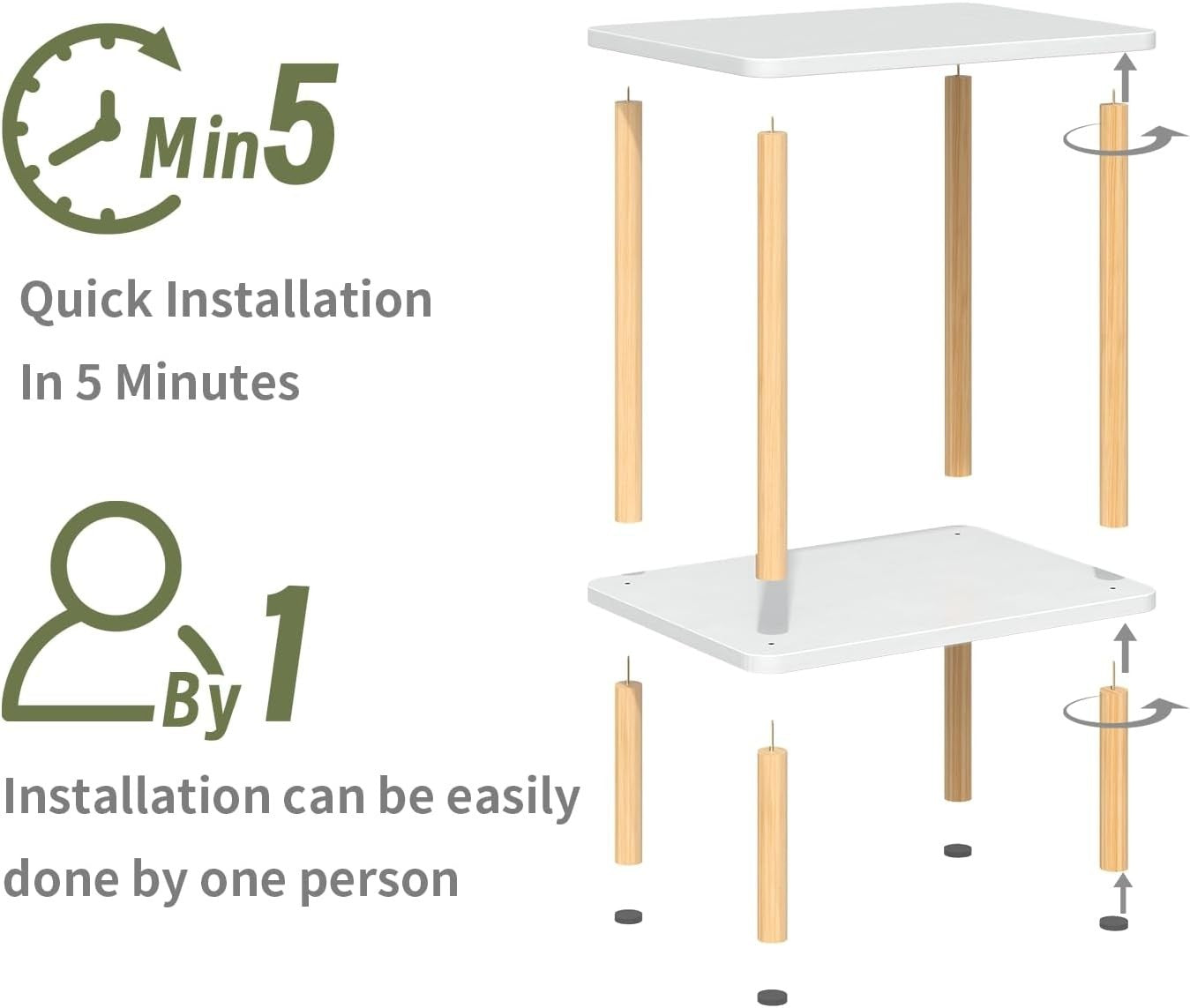 White & Oak Narrow Bedside Table – 2-Tier Side Table with Shelf, No-Tool Setup